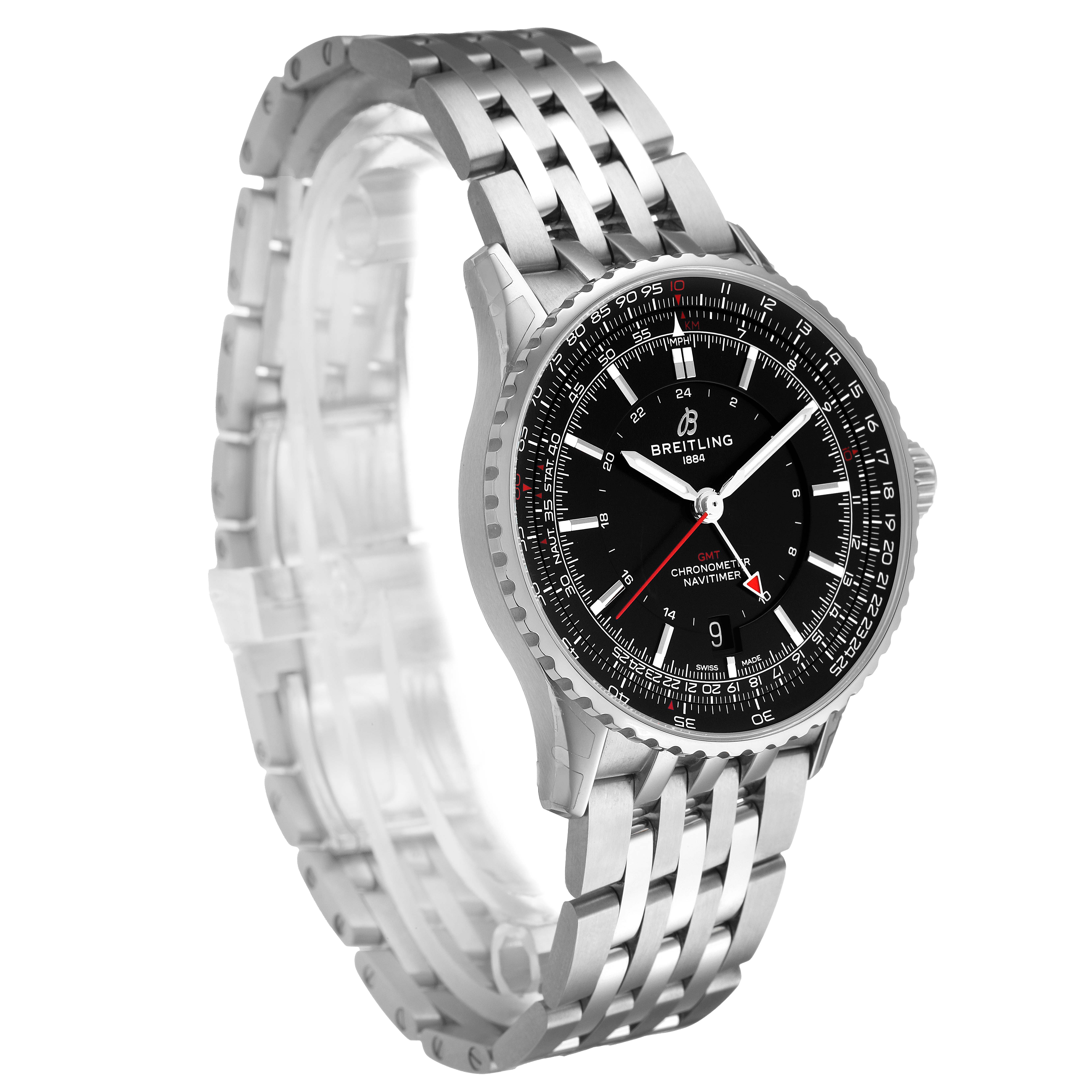 The Breitling Navitimer A32310251B1A1 Men's Stainless Steel Black Dial watch is angled to show the face, bezel, and metal bracelet, displaying its intricate dial and side profile.