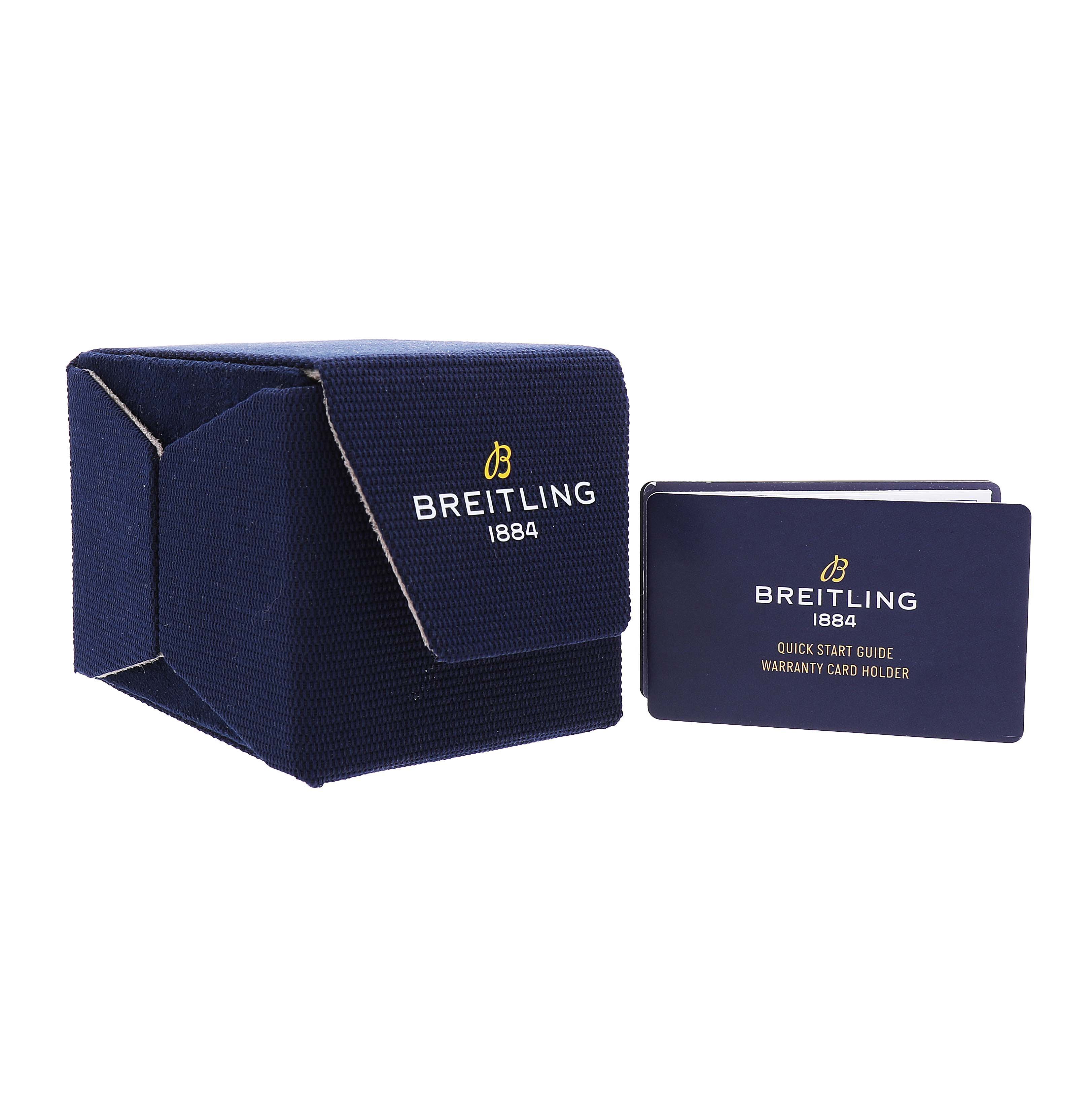 The image shows a Breitling Navitimer A32310251B1A1 Men's Stainless Steel Black Dial box and a warranty card holder, both viewed from a front angle.