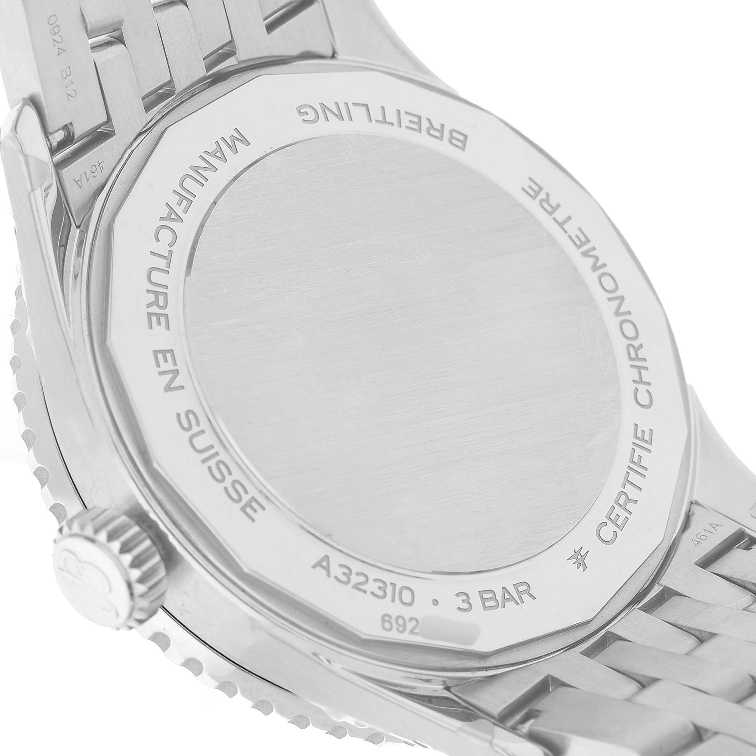 The image shows the case back and part of the bracelet of a Breitling Navitimer A32310251B1A1 Men's Stainless Steel Black Dial watch.