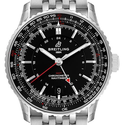 The Breitling Navitimer A32310251B1A1 Men's Stainless Steel Black Dial watch is shown from a front angle, highlighting its face, bezel, and bracelet.