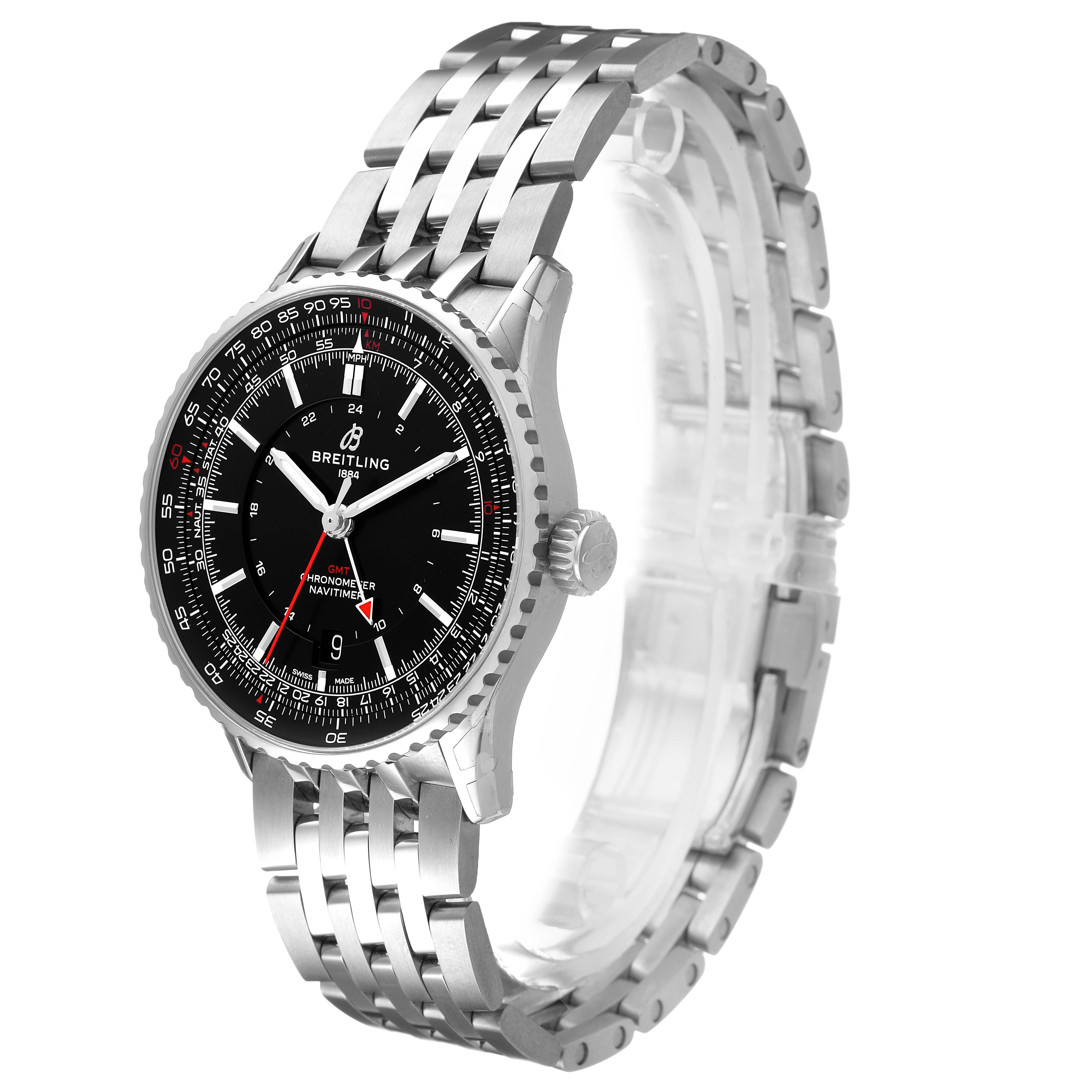 The Breitling Navitimer A32310251B1A1 Men's Stainless Steel Black Dial watch is shown at a three-quarter angle, highlighting the face, bezel, and metal bracelet.