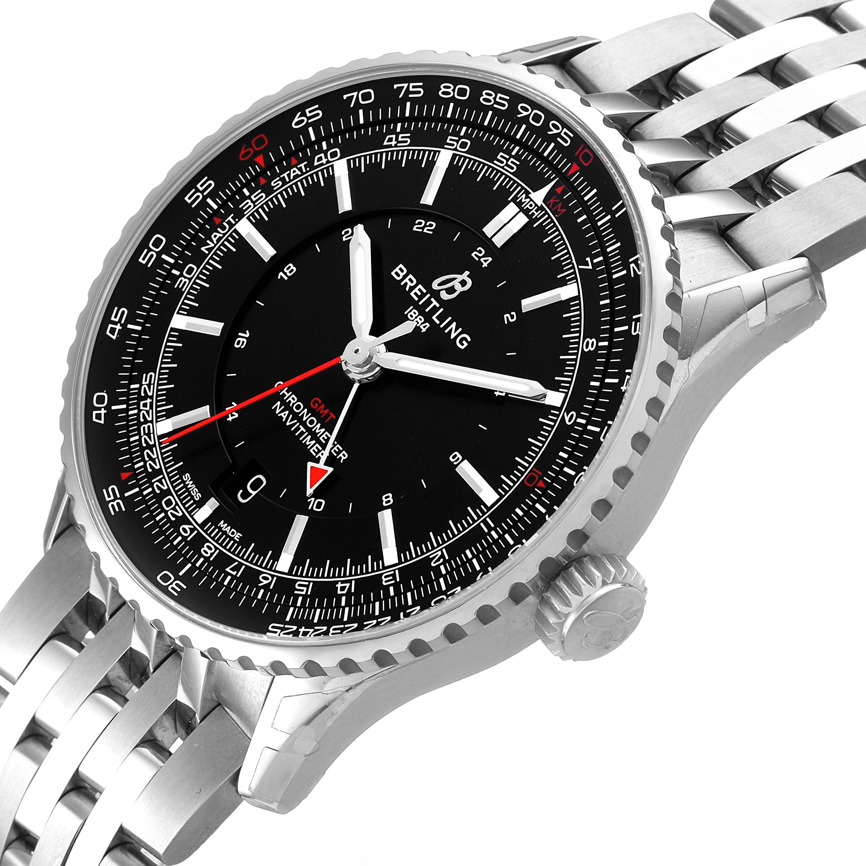 The Breitling Navitimer A32310251B1A1 Men's Stainless Steel Black Dial watch is shown at a slight angle, highlighting the dial, bezel, and stainless steel bracelet.
