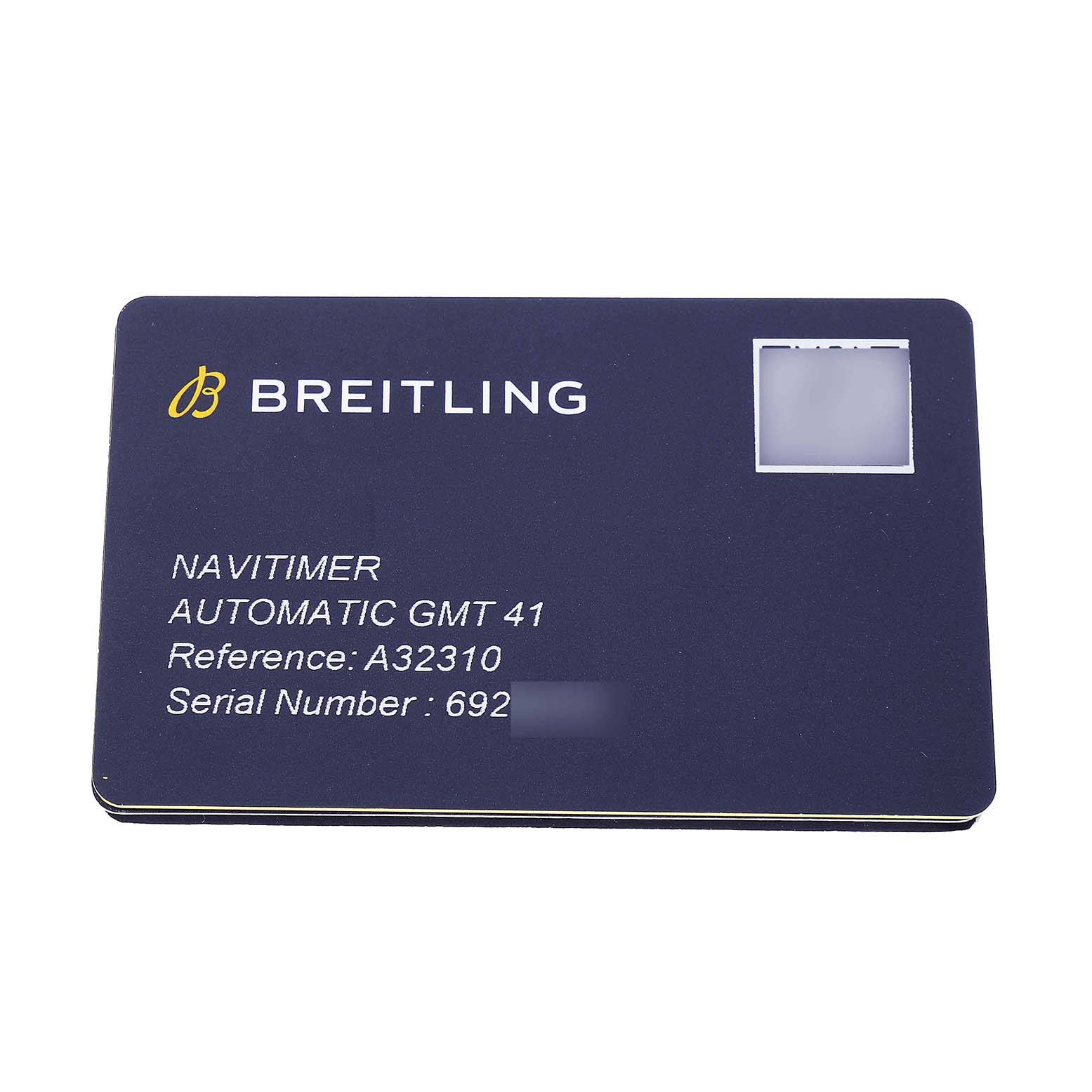 The image shows a flat view of a Breitling Navitimer A32310251B1A1 Men's Stainless Steel Black Dial Automatic GMT 41 reference card with model and serial information.