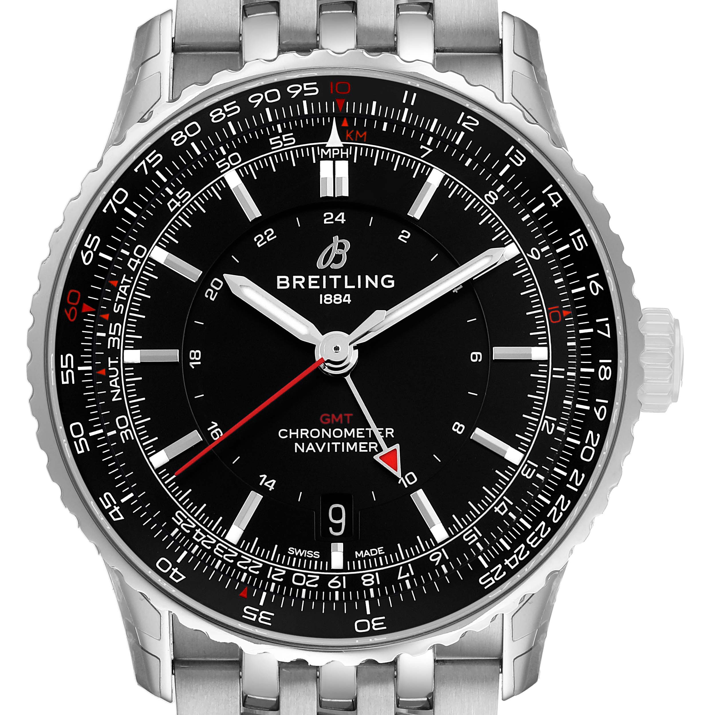 The Breitling Navitimer A32310251B1A1 Men's Stainless Steel Black Dial watch is shown from the front, highlighting the face, bezel, and bracelet.
