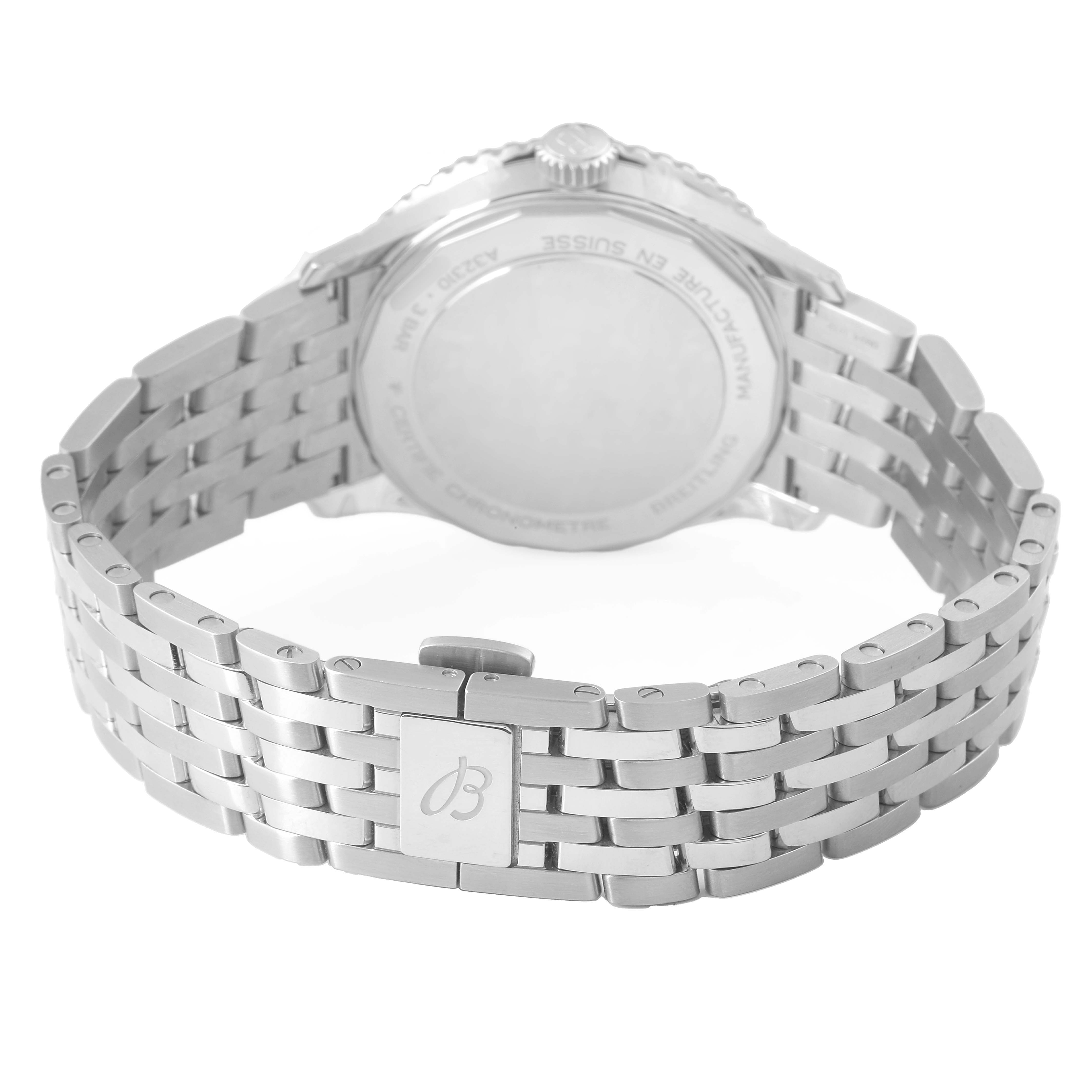 The image shows the back and clasp of a Breitling Navitimer A32310251B1A1 Men's Stainless Steel Black Dial watch, featuring a stainless steel bracelet.