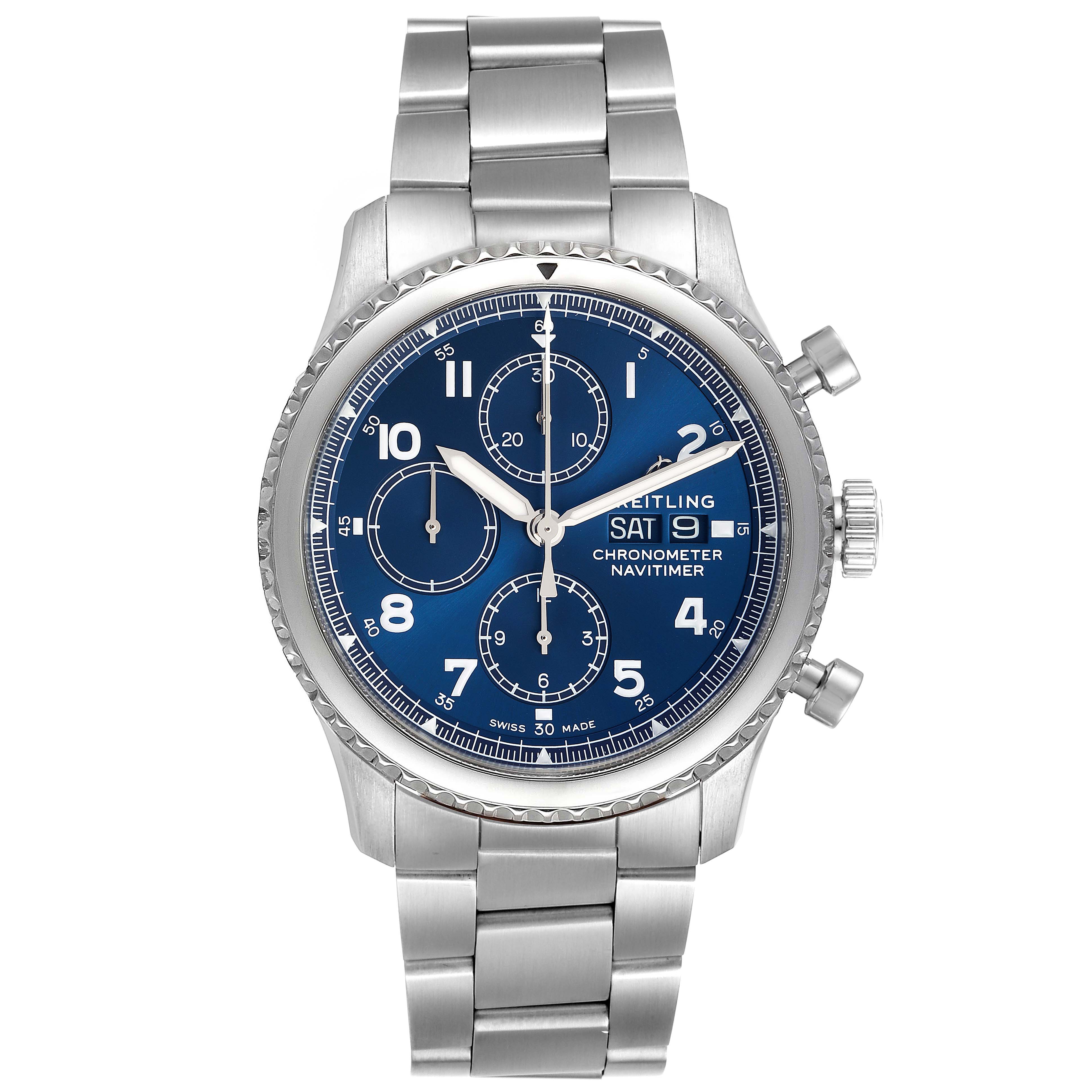 This image shows a front view of a Breitling Navitimer A1331410/C997/189A Men
s Stainless Steel Blue Dial A1331410/C997/189A Men
s Stainless Steel Blue Dial watch with a blue dial and stainless steel bracelet.