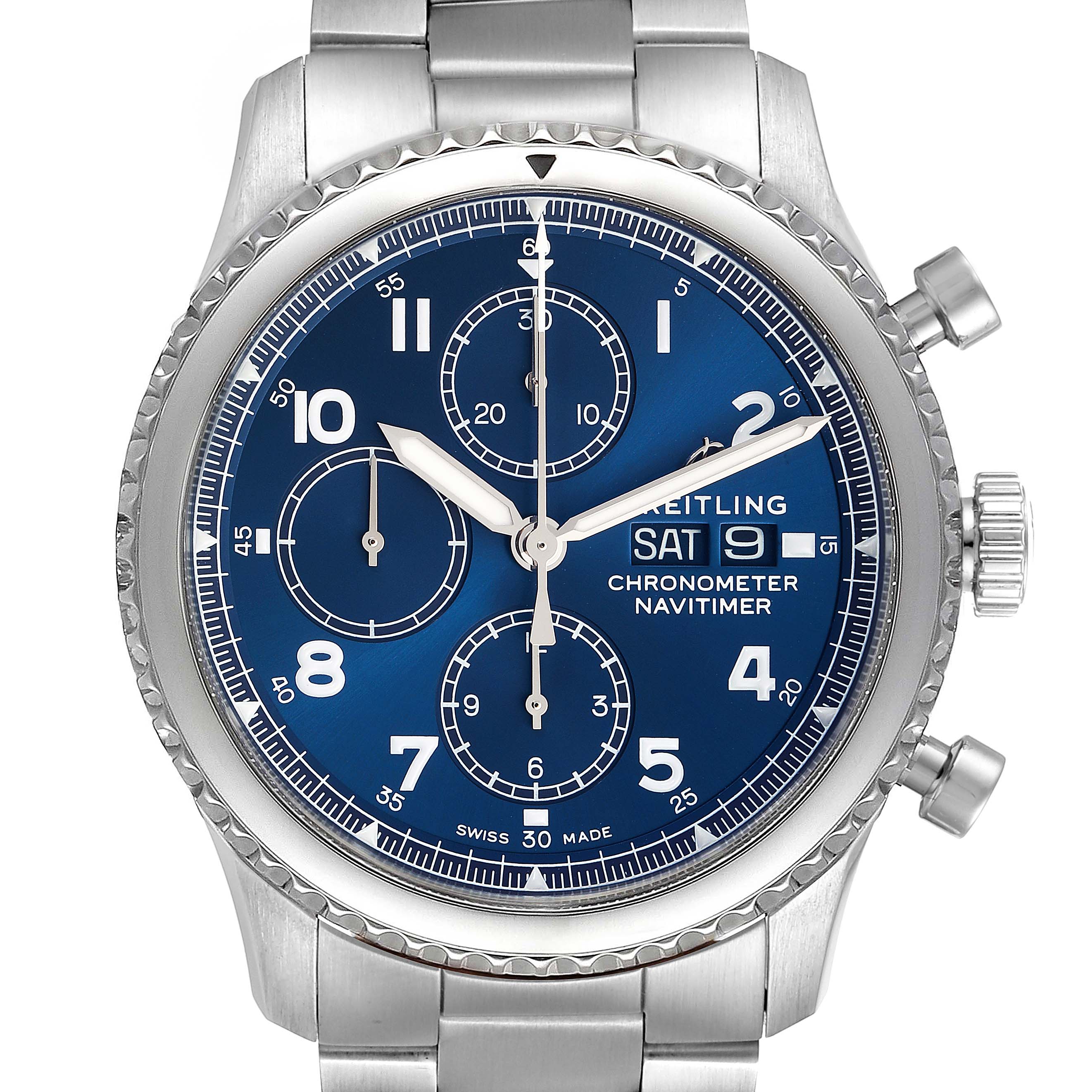 This image shows a front view of the Breitling Navitimer A1331410/C997/189A Men
s Stainless Steel Blue Dial A1331410/C997/189A Men
s Stainless Steel Blue Dial watch, highlighting its dial, bezel, pushers, and bracelet.