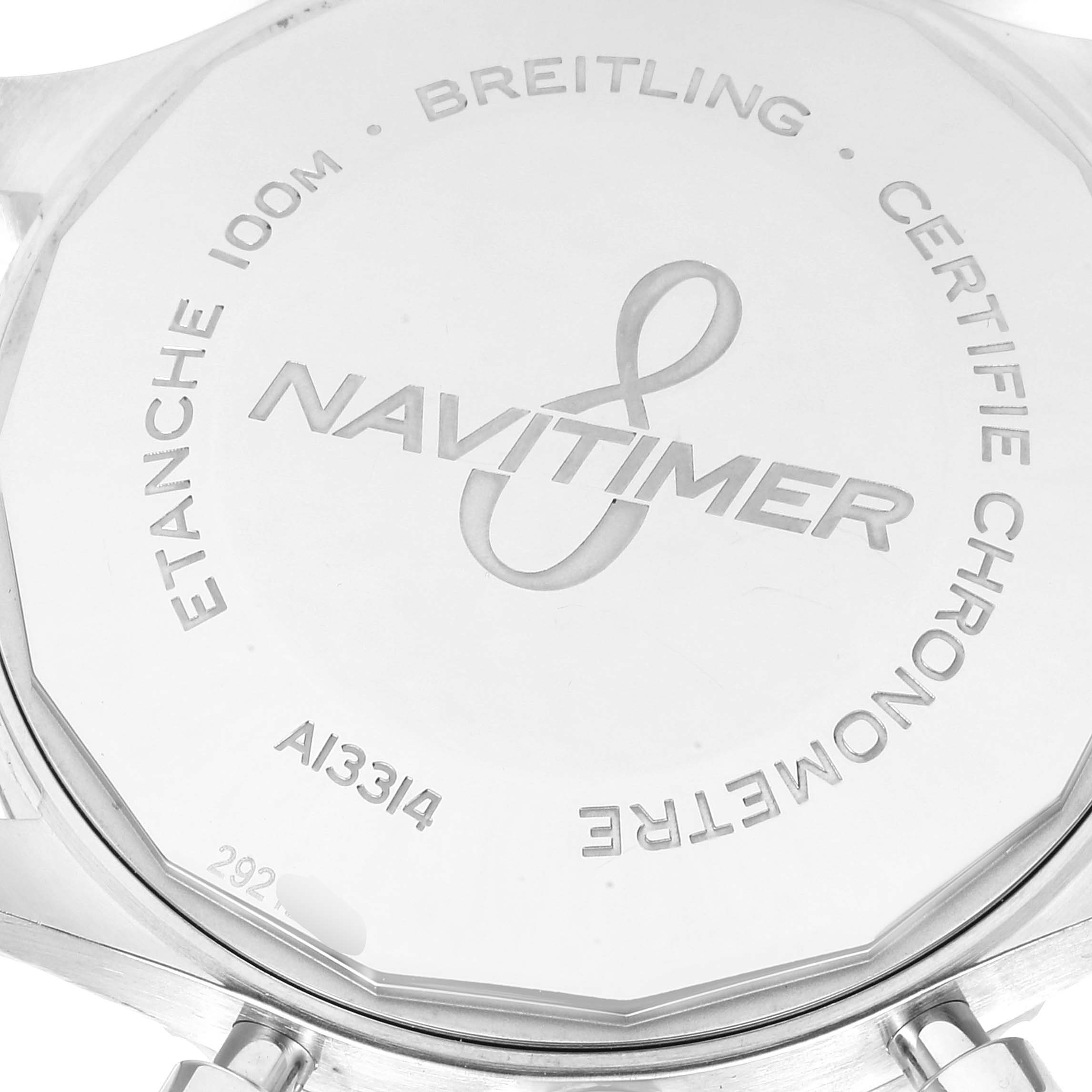 The image shows the case back of a Breitling Navitimer A1331410/C997/189A Men
s Stainless Steel Blue Dial A1331410/C997/189A Men
s Stainless Steel Blue Dial watch, featuring engraved details and model information.