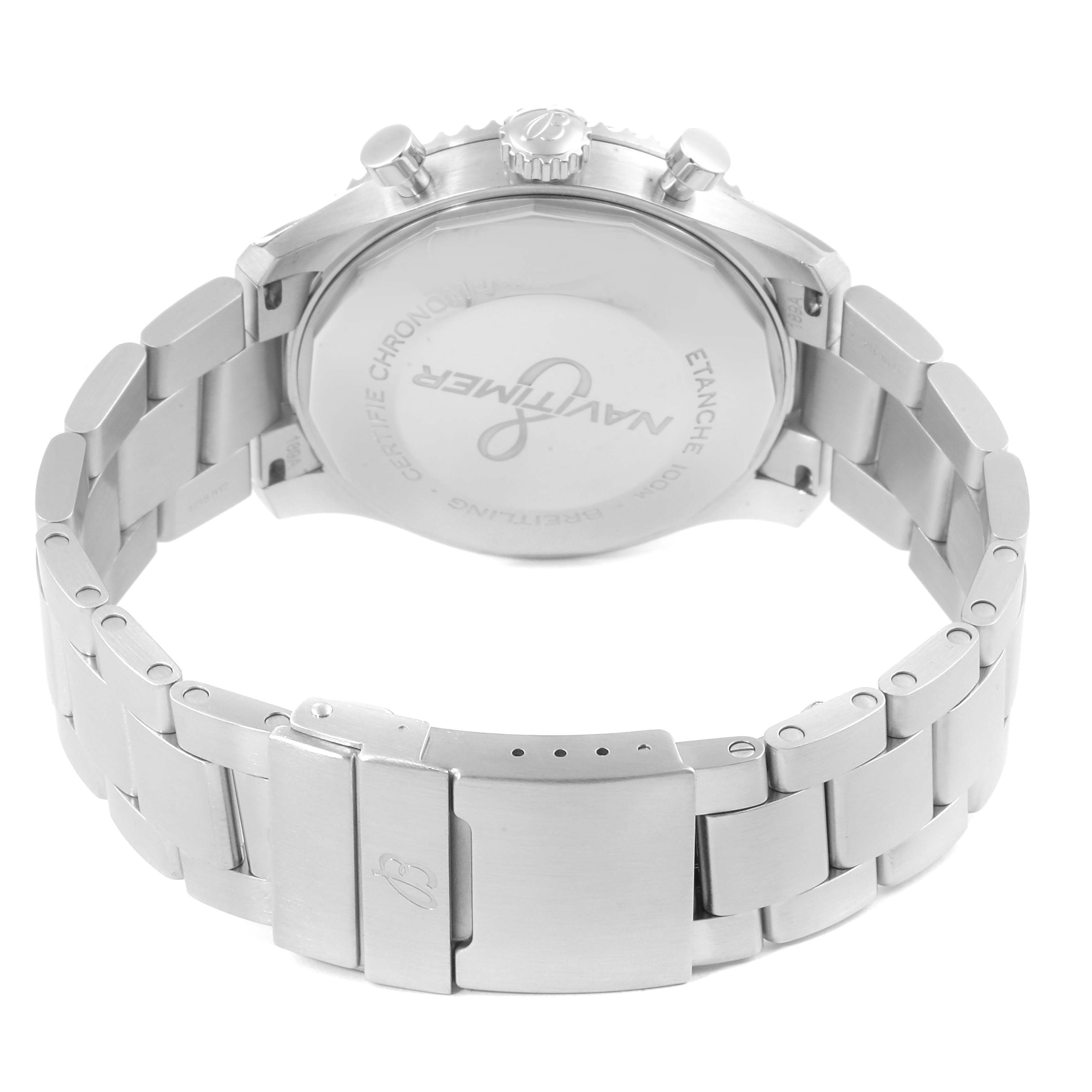 The image shows the back case and metal bracelet of a Breitling Navitimer A1331410/C997/189A Men
s Stainless Steel Blue Dial A1331410/C997/189A Men
s Stainless Steel Blue Dial watch.