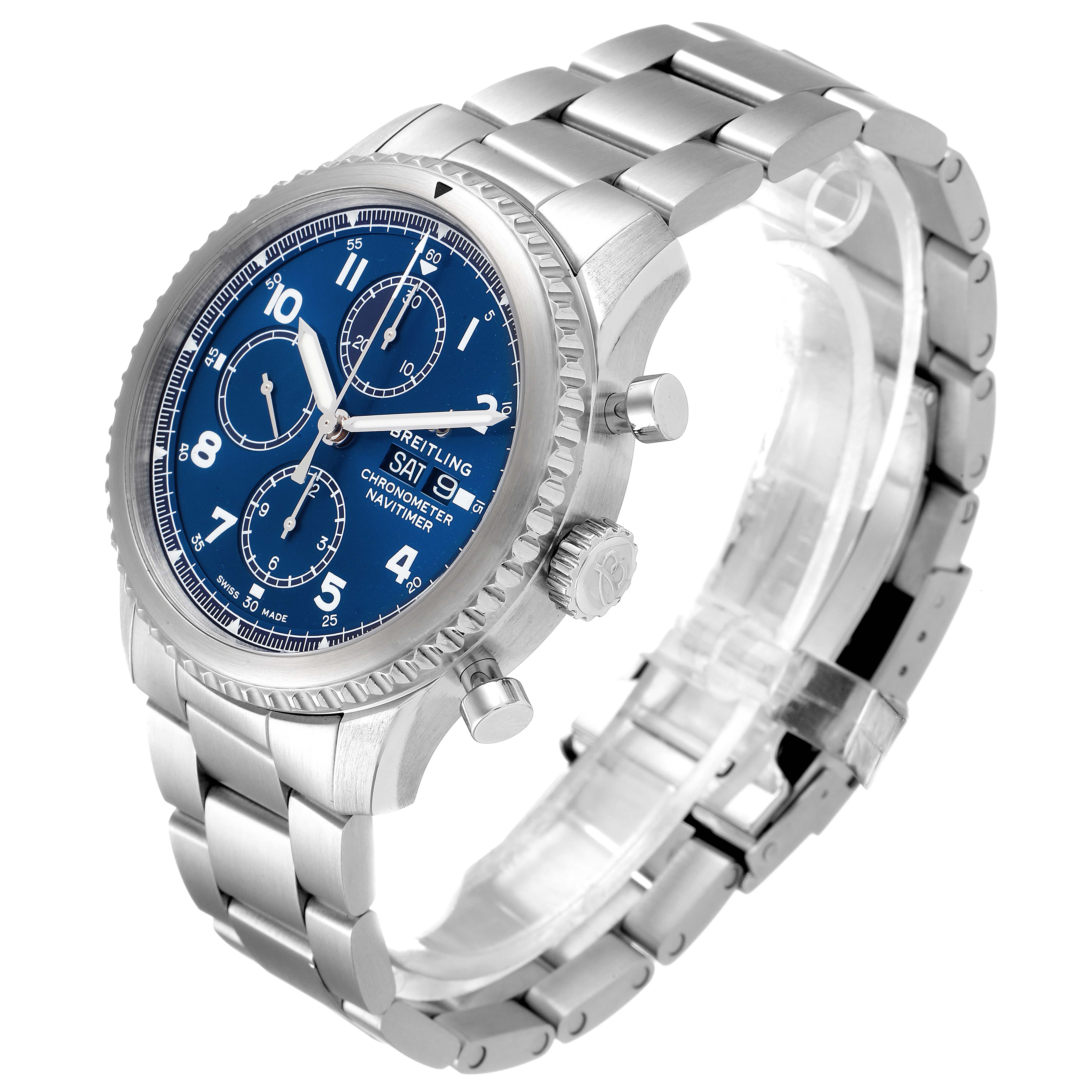 The image shows a Breitling Navitimer A1331410/C997/189A Men
s Stainless Steel Blue Dial A1331410/C997/189A Men
s Stainless Steel Blue Dial watch angled to display the face, crown, pushers, and metal bracelet.