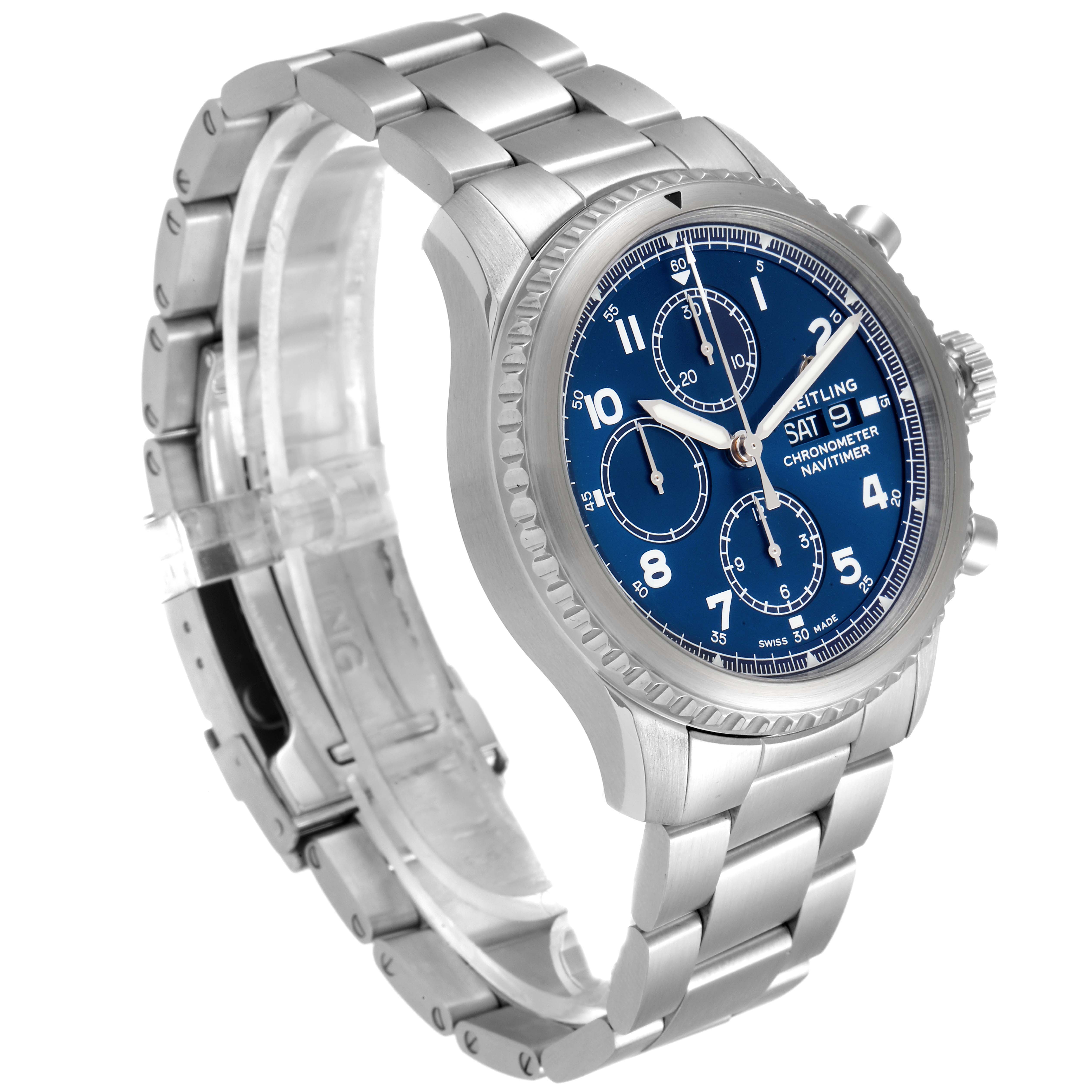The Breitling Navitimer A1331410/C997/189A Men
s Stainless Steel Blue Dial A1331410/C997/189A Men
s Stainless Steel Blue Dial watch is shown at an angled view displaying the blue dial, chronograph subdials, bezel, and metal bracelet.