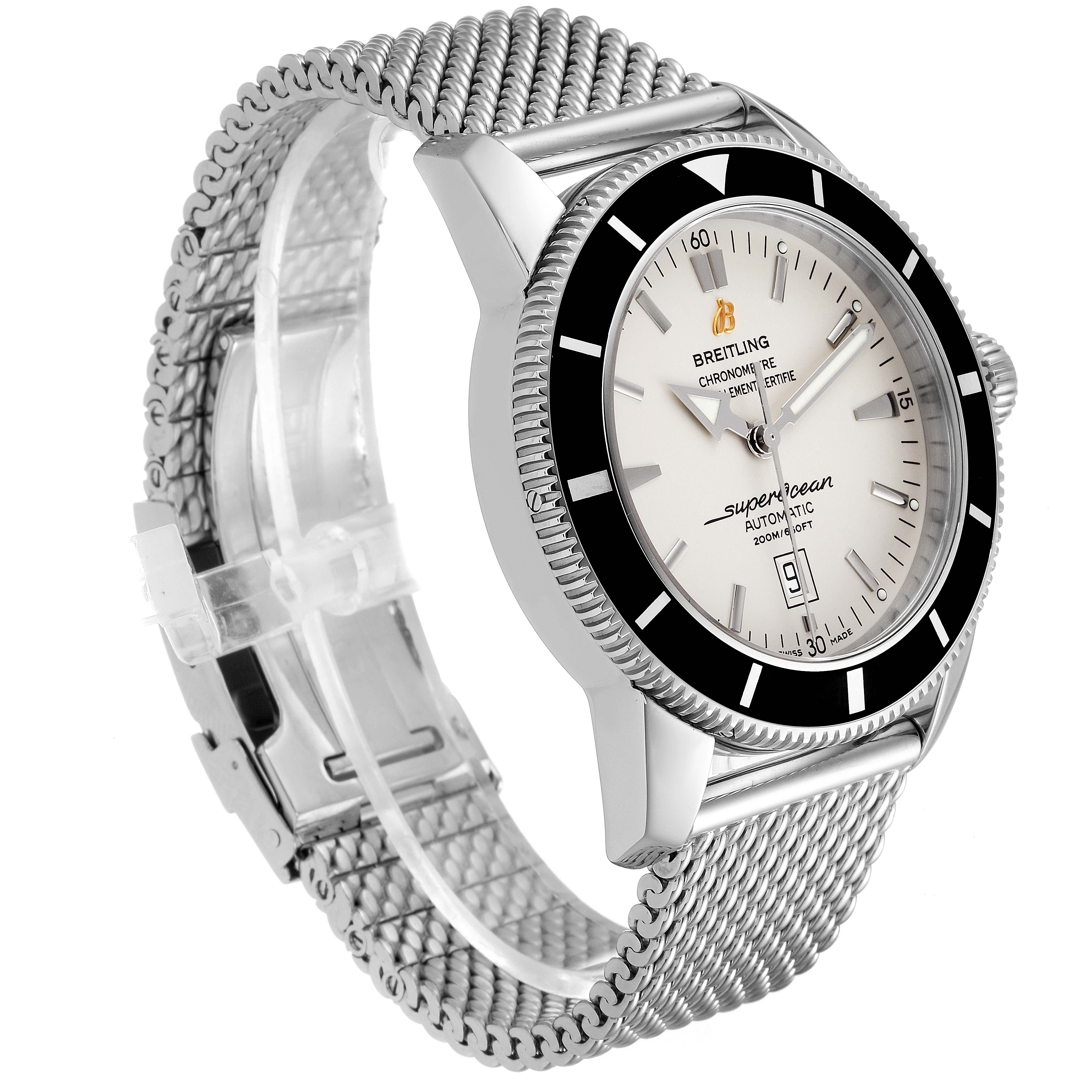 The image shows a front side angle of a Breitling Superocean A17320 Men
s Stainless Steel Silver Dial A17320 Men
s Stainless Steel Silver Dial watch, highlighting its mesh bracelet, bezel, and white dial.