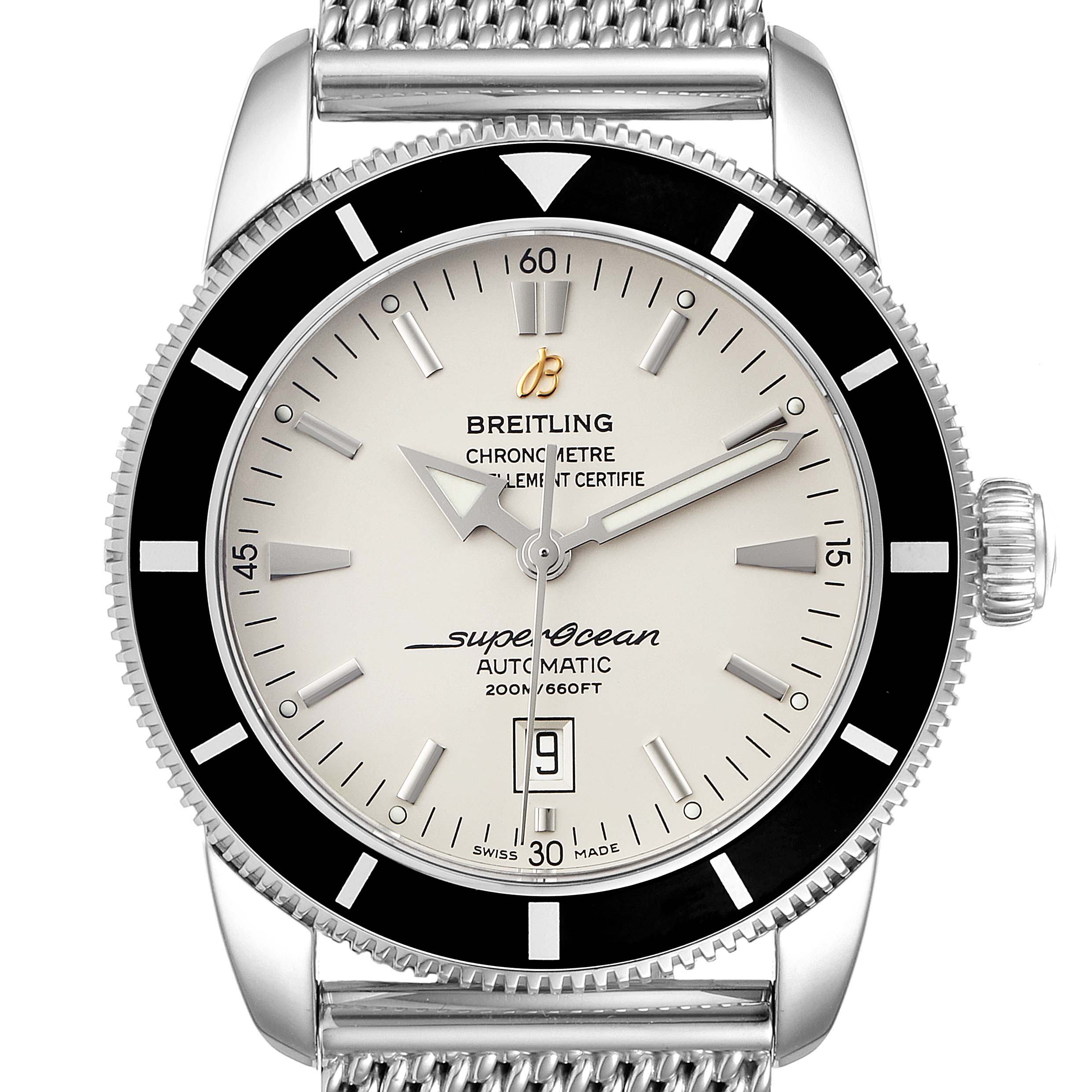 The image shows a close-up of the Breitling Superocean A17320 Men
s Stainless Steel Silver Dial A17320 Men
s Stainless Steel Silver Dial watch face, including the bezel, dial, and part of the metal bracelet.