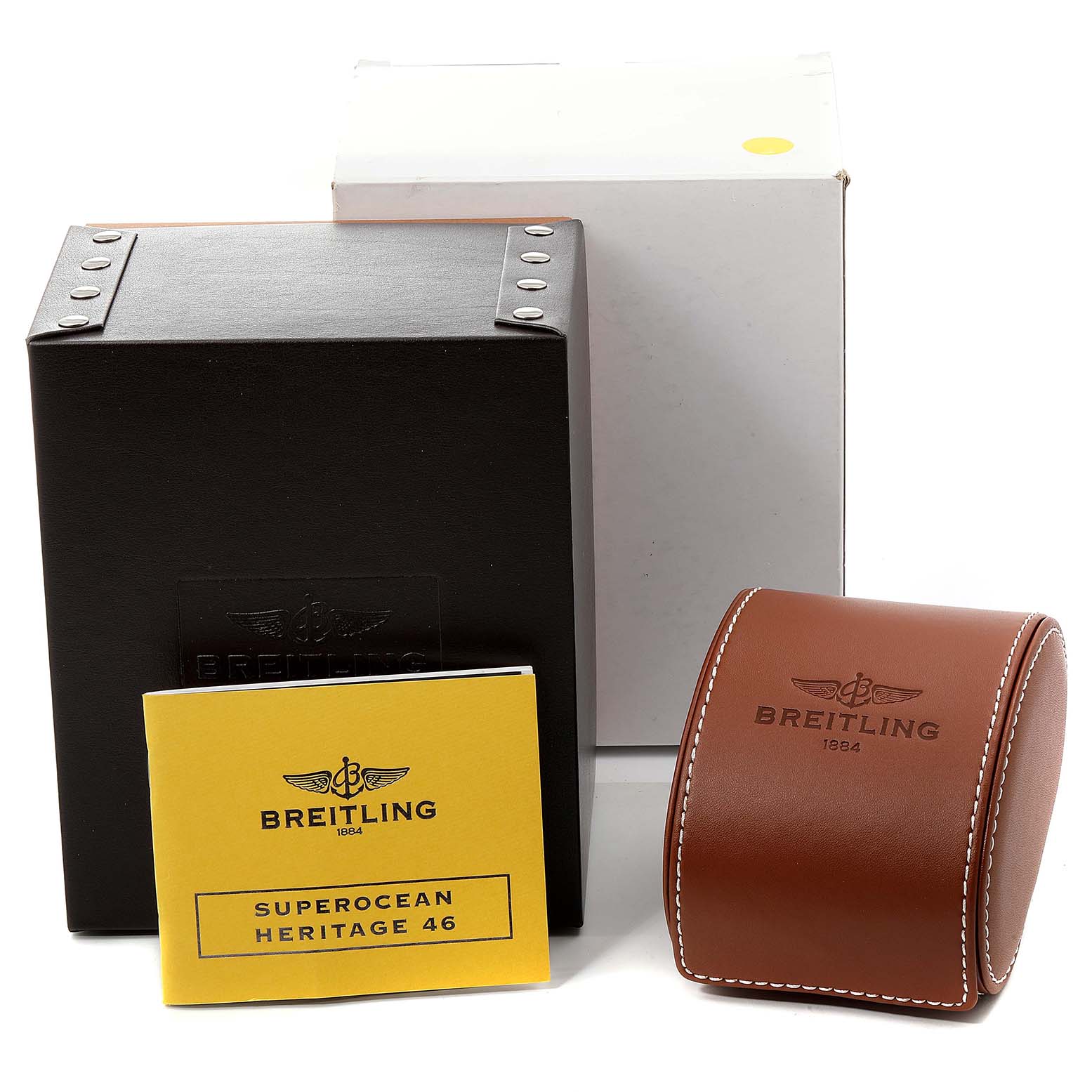 The image shows the packaging, a travel case, and the user manual for the Breitling Superocean A17320 Men
s Stainless Steel Silver Dial A17320 Men
s Stainless Steel Silver Dial model.