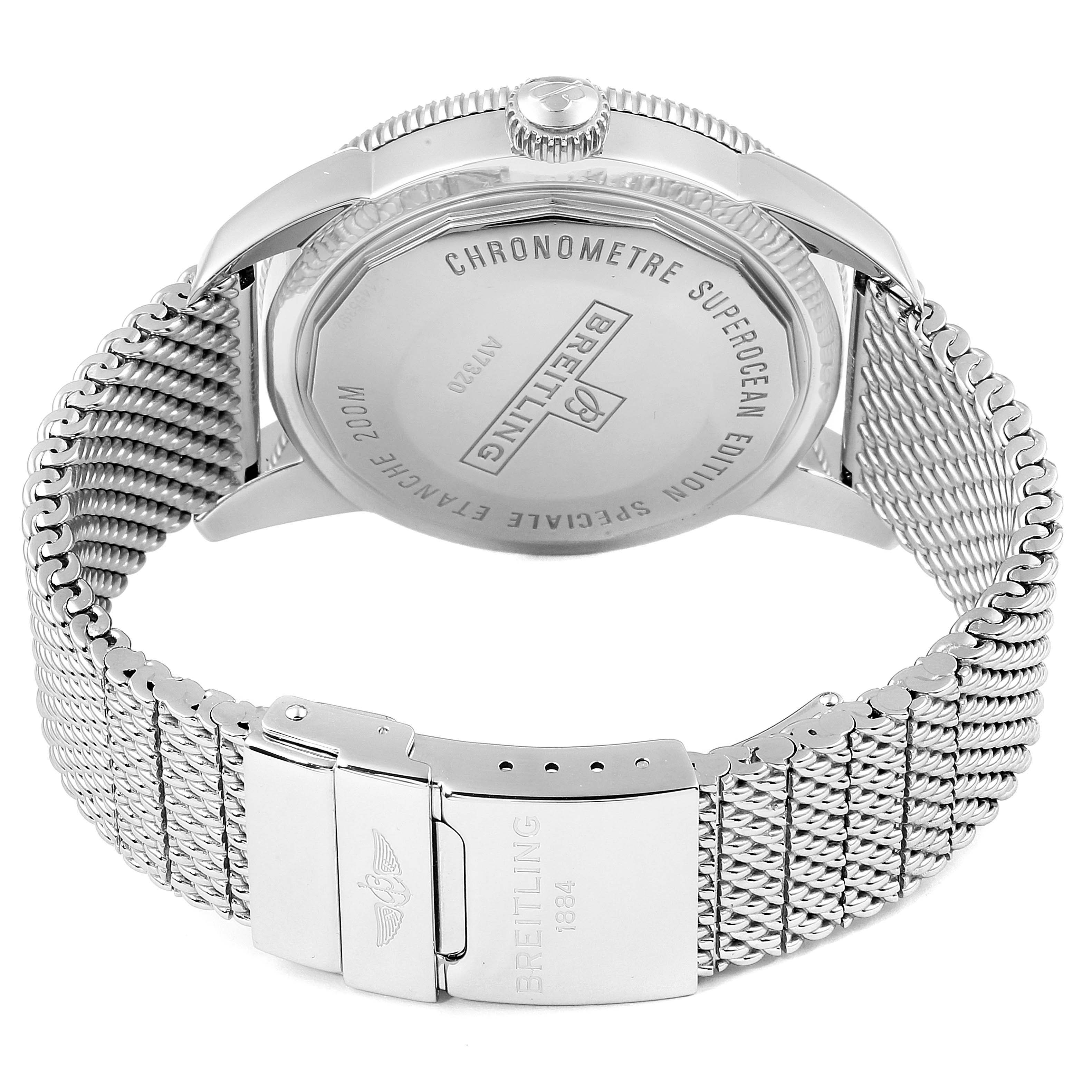 The image shows the back view of a Breitling Superocean A17320 Men
s Stainless Steel Silver Dial A17320 Men
s Stainless Steel Silver Dial watch, detailing the case back, crown, and stainless steel bracelet.