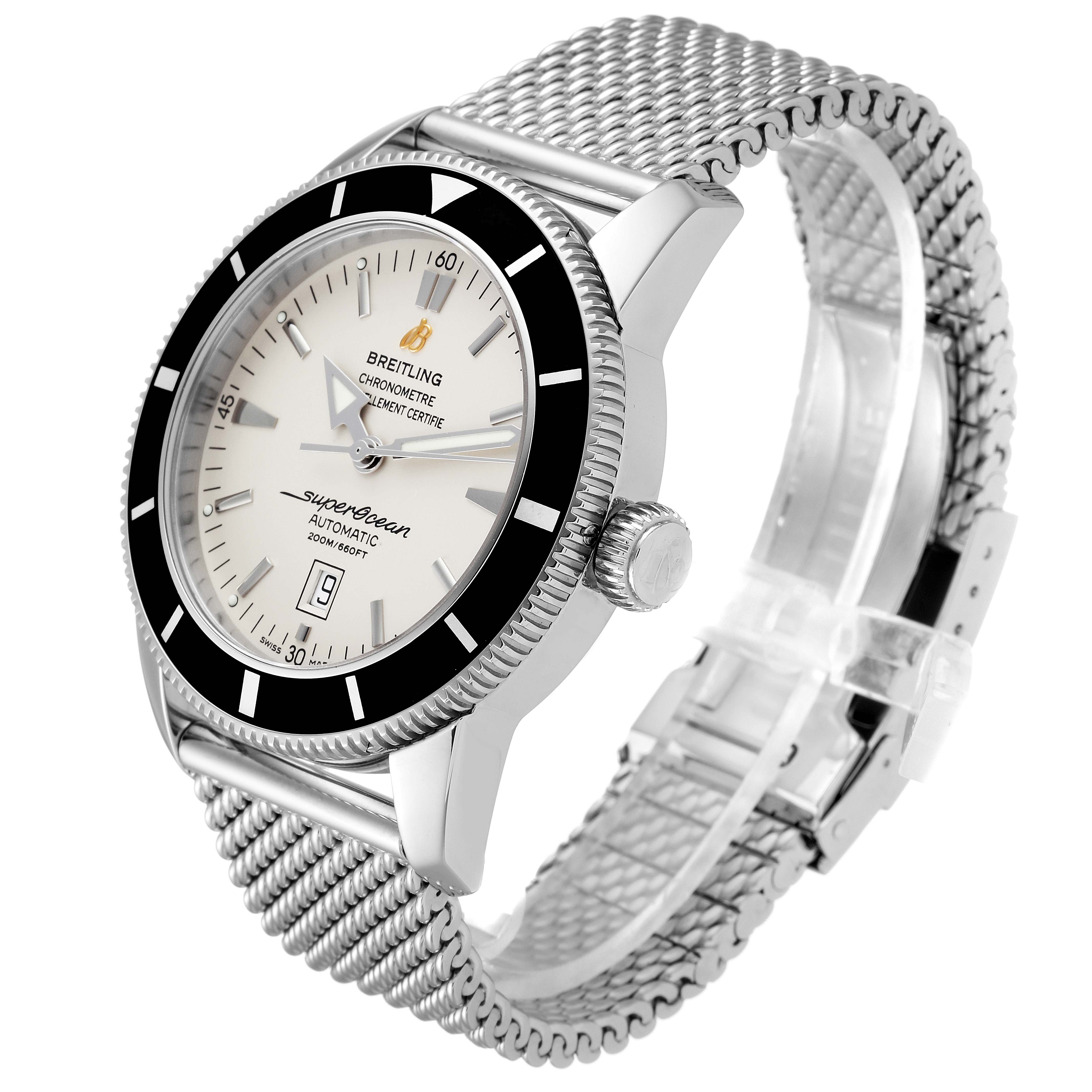 This image shows a Breitling Superocean A17320 Men
s Stainless Steel Silver Dial A17320 Men
s Stainless Steel Silver Dial watch at a three-quarter angle, featuring its face, bezel, crown, and metal mesh band.