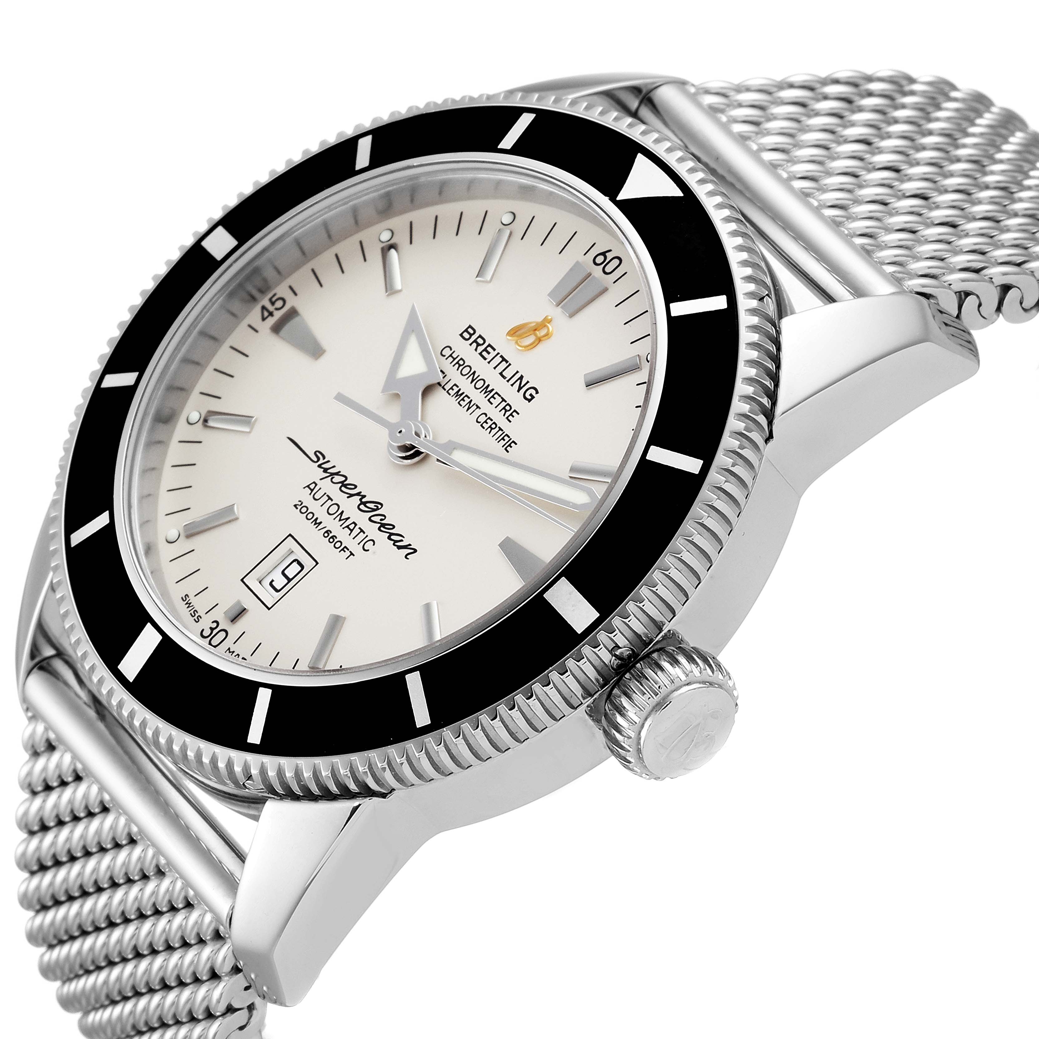 The image shows a close-up side angle of a Breitling Superocean A17320 Men
s Stainless Steel Silver Dial A17320 Men
s Stainless Steel Silver Dial watch, highlighting its dial, bezel, crown, and mesh bracelet.