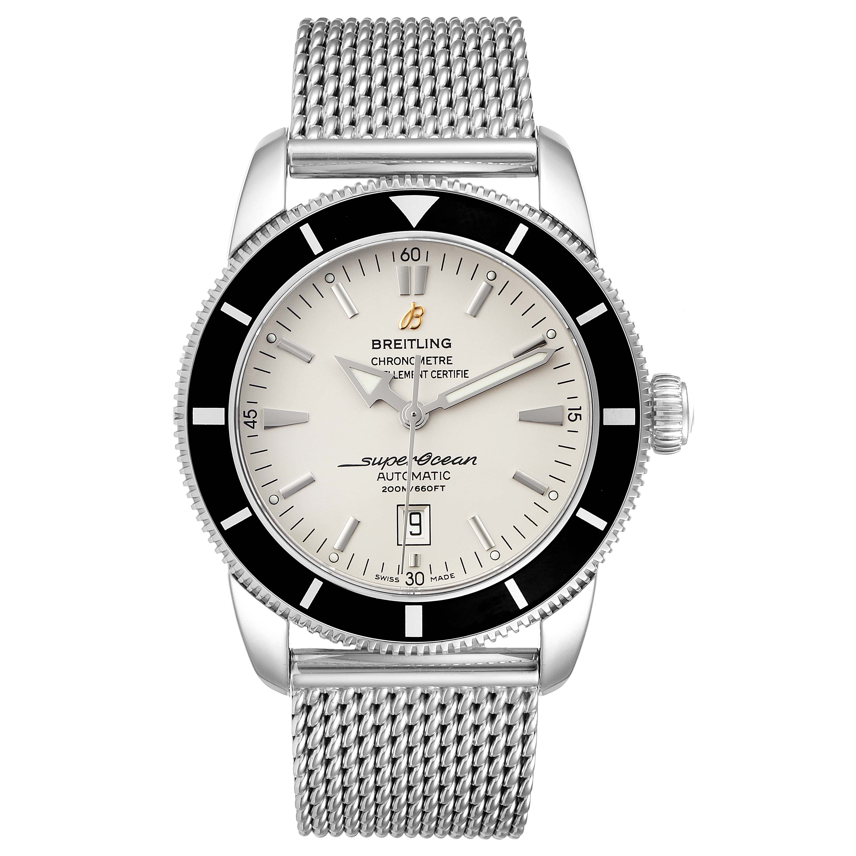 The image shows a front view of a Breitling Superocean A17320 Men
s Stainless Steel Silver Dial A17320 Men
s Stainless Steel Silver Dial watch with a metal mesh strap and a white dial.