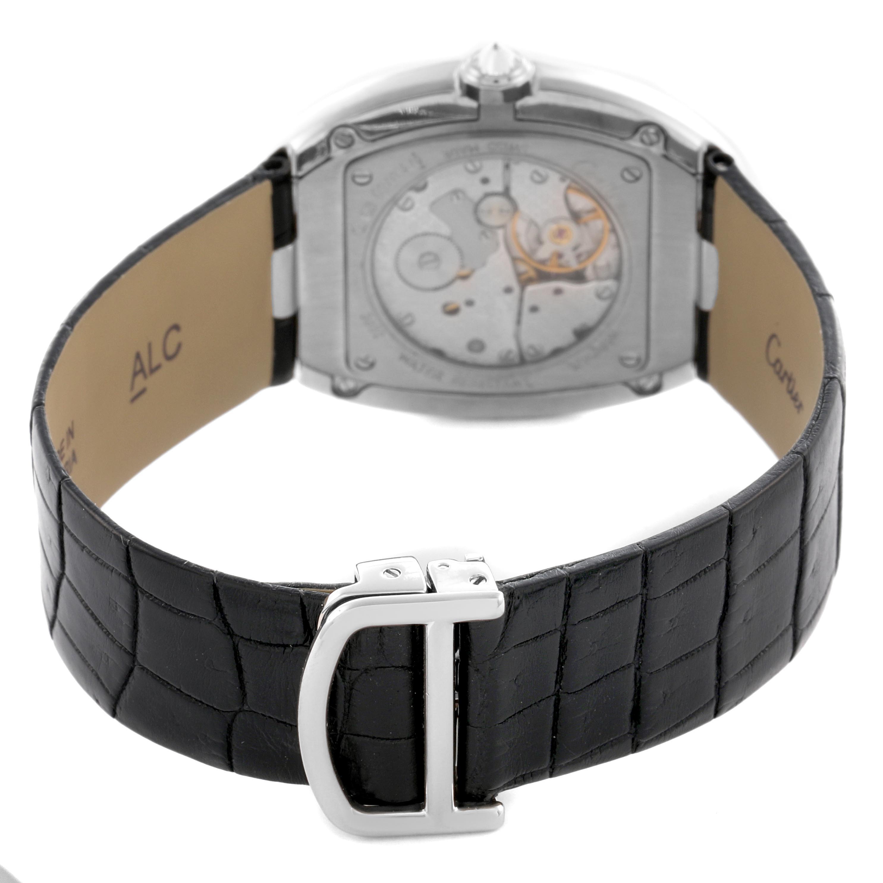 The image shows the back of the Cartier Baignoire WB520009 Women
s White Gold Silver Dial WB520009 Women
s White Gold Silver Dial watch, highlighting its open case back and leather strap with a buckle.