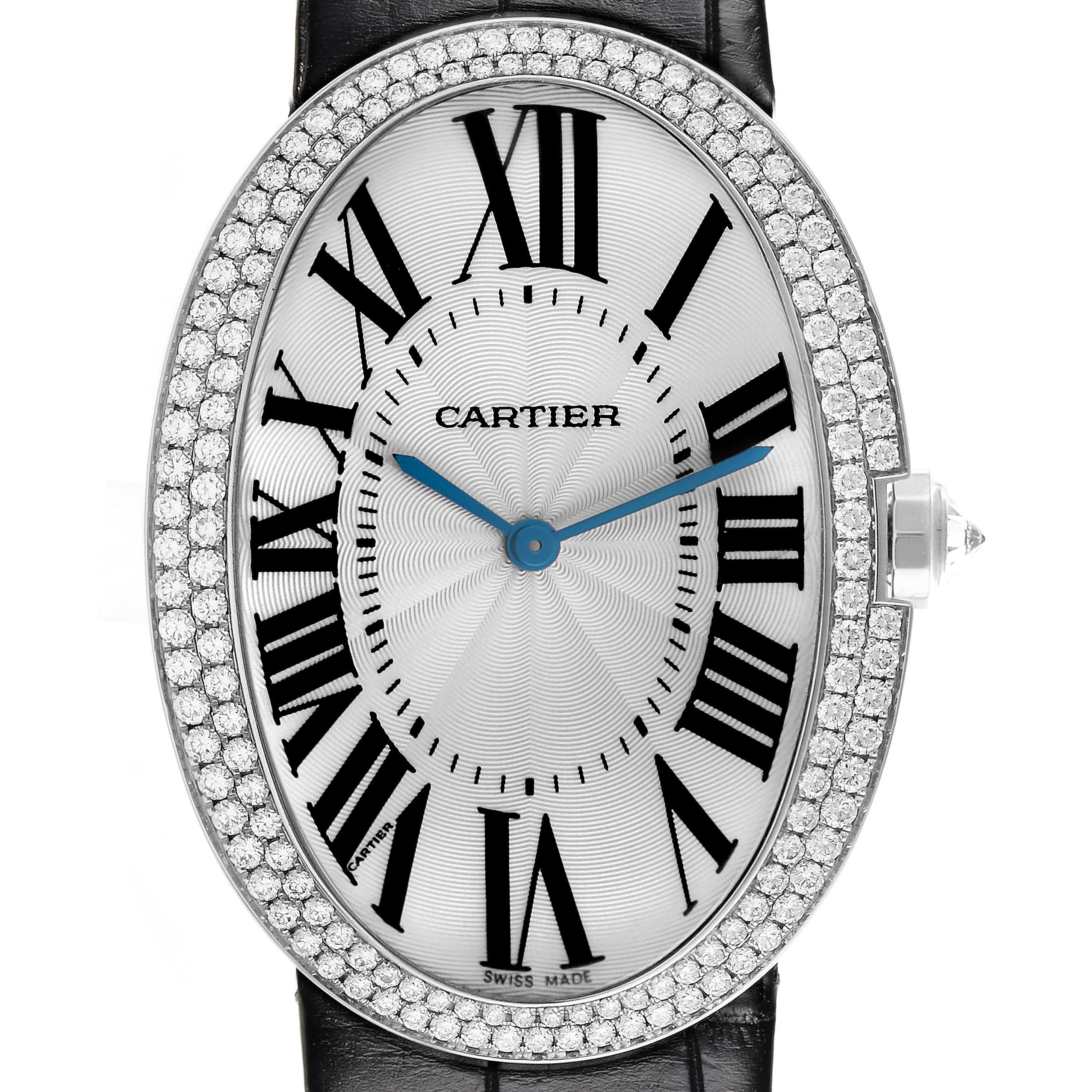 The Cartier Baignoire WB520009 Women
s White Gold Silver Dial WB520009 Women
s White Gold Silver Dial watch is shown front-on, highlighting the oval face, Roman numerals, diamond-set bezel, and leather strap.