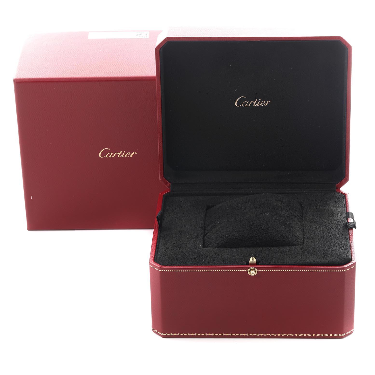 The image shows an open Cartier Baignoire WB520009 Women
s White Gold Silver Dial WB520009 Women
s White Gold Silver Dial watch box from a front angle, displaying its red exterior and black interior.