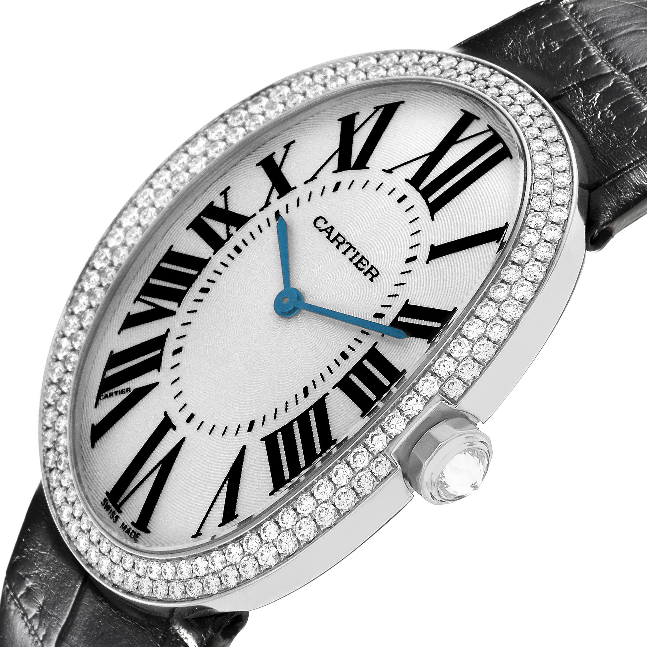 The Cartier Baignoire WB520009 Women
s White Gold Silver Dial WB520009 Women
s White Gold Silver Dial watch is shown at an angle highlighting its oval face, diamond bezel, and crown detail.