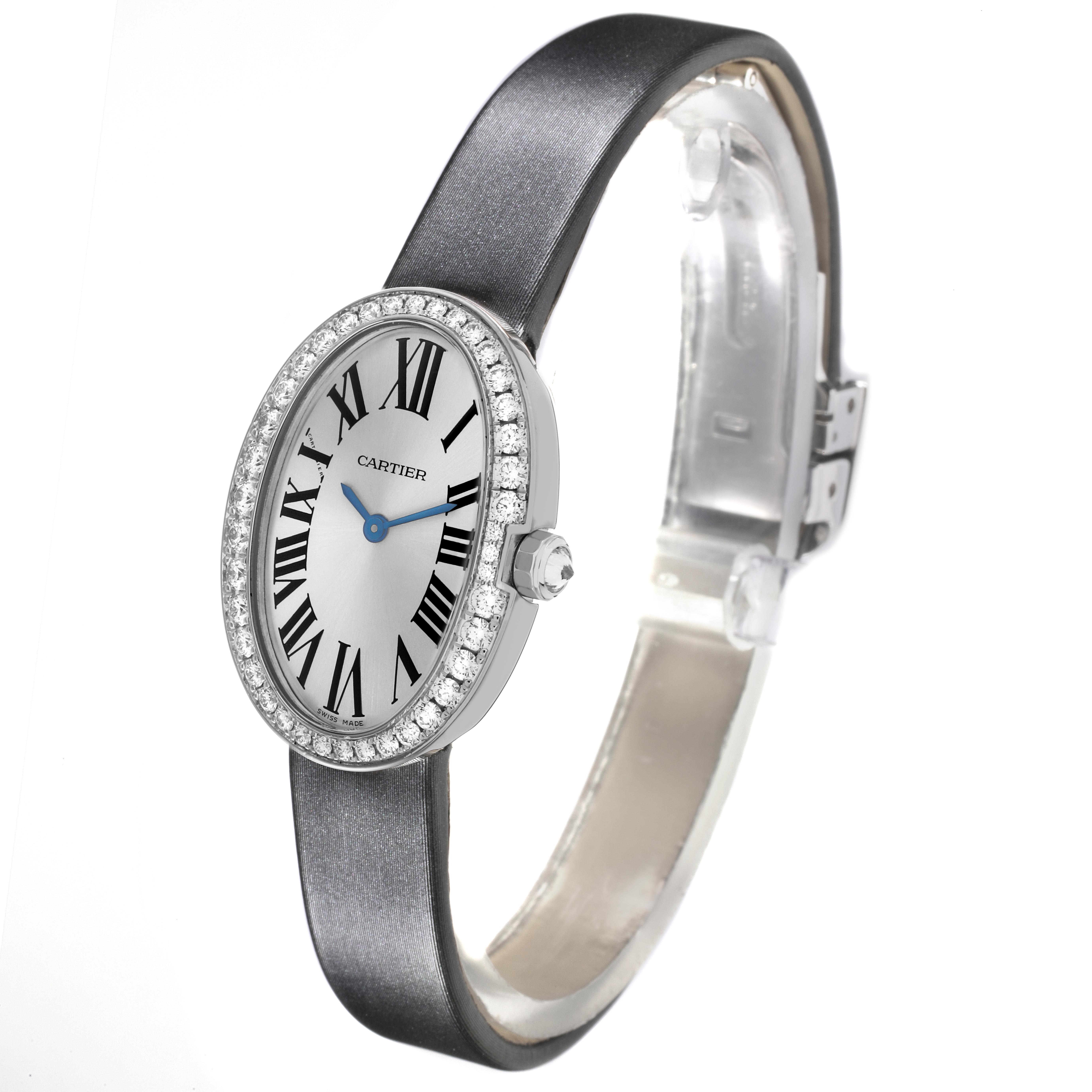 The Cartier Baignoire WB520008 Women
s White Gold Silver Dial WB520008 Women
s White Gold Silver Dial watch is shown from a three-quarter high angle, displaying its oval face, Roman numerals, bezel, and strap.