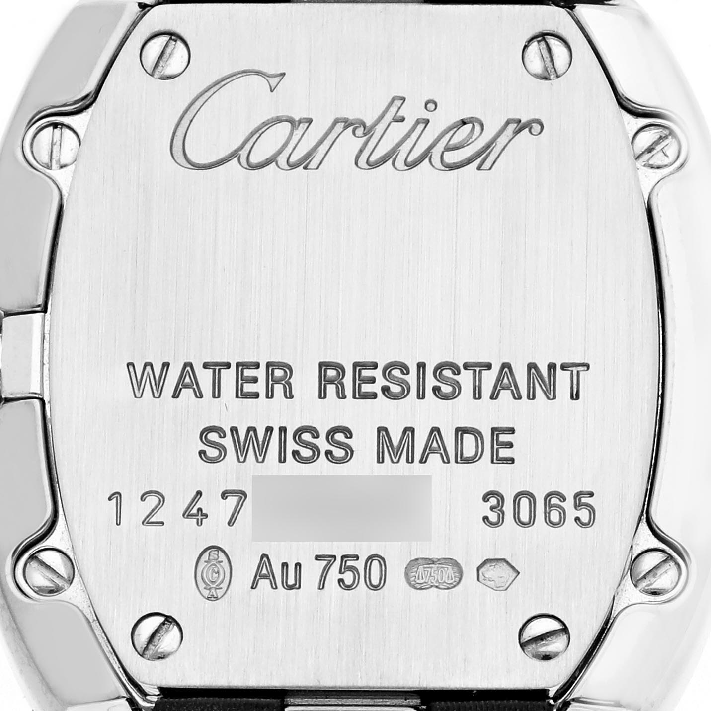The image shows the case back of a Cartier Baignoire WB520008 Women
s White Gold Silver Dial WB520008 Women
s White Gold Silver Dial watch, displaying the brand, water resistance, and material details.