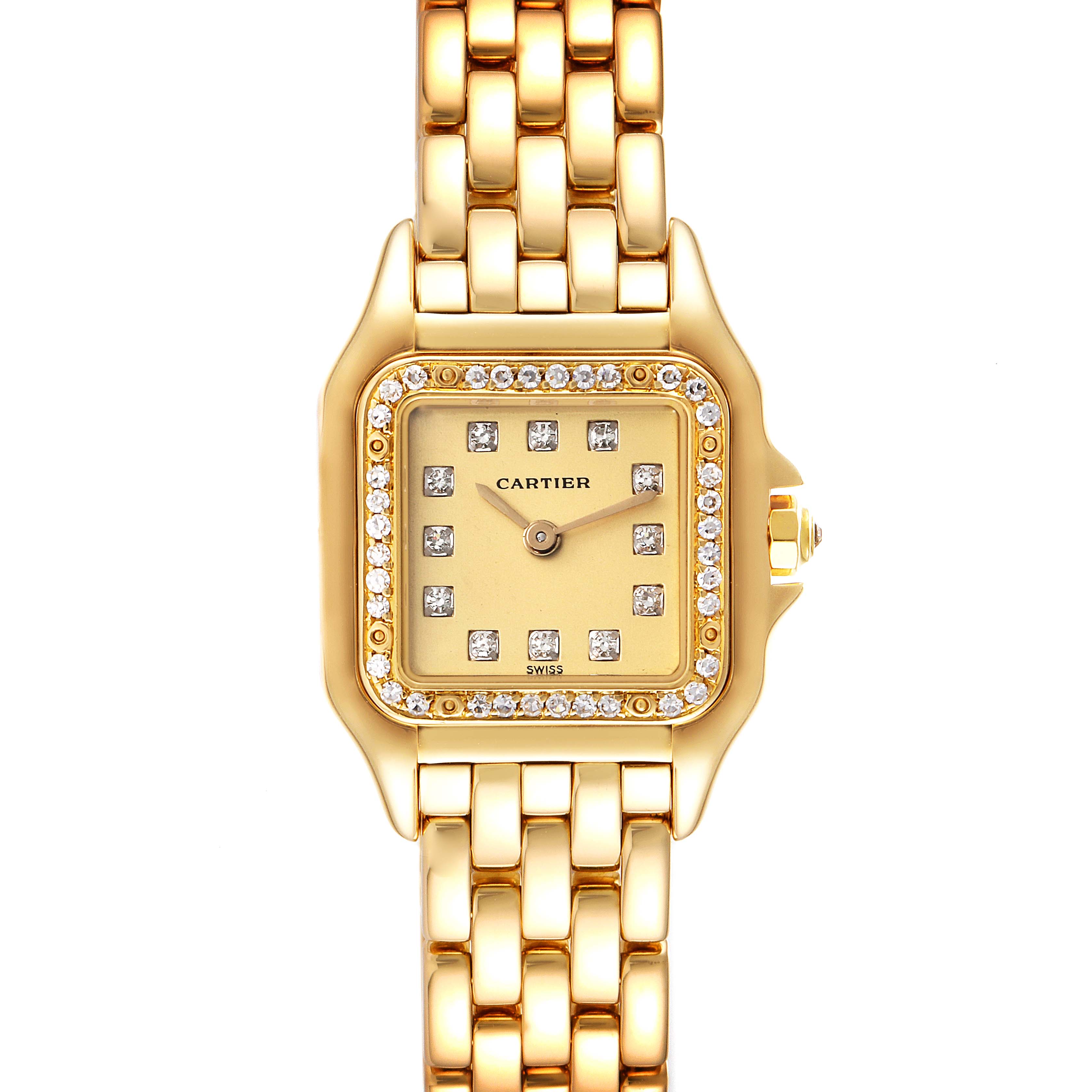 This image shows a top view of the Cartier Panthere 866911 Women's Yellow Gold Champagne Dial 866911 Women's Yellow Gold Champagne Dial model watch, highlighting the face, bezel, and bracelet.
