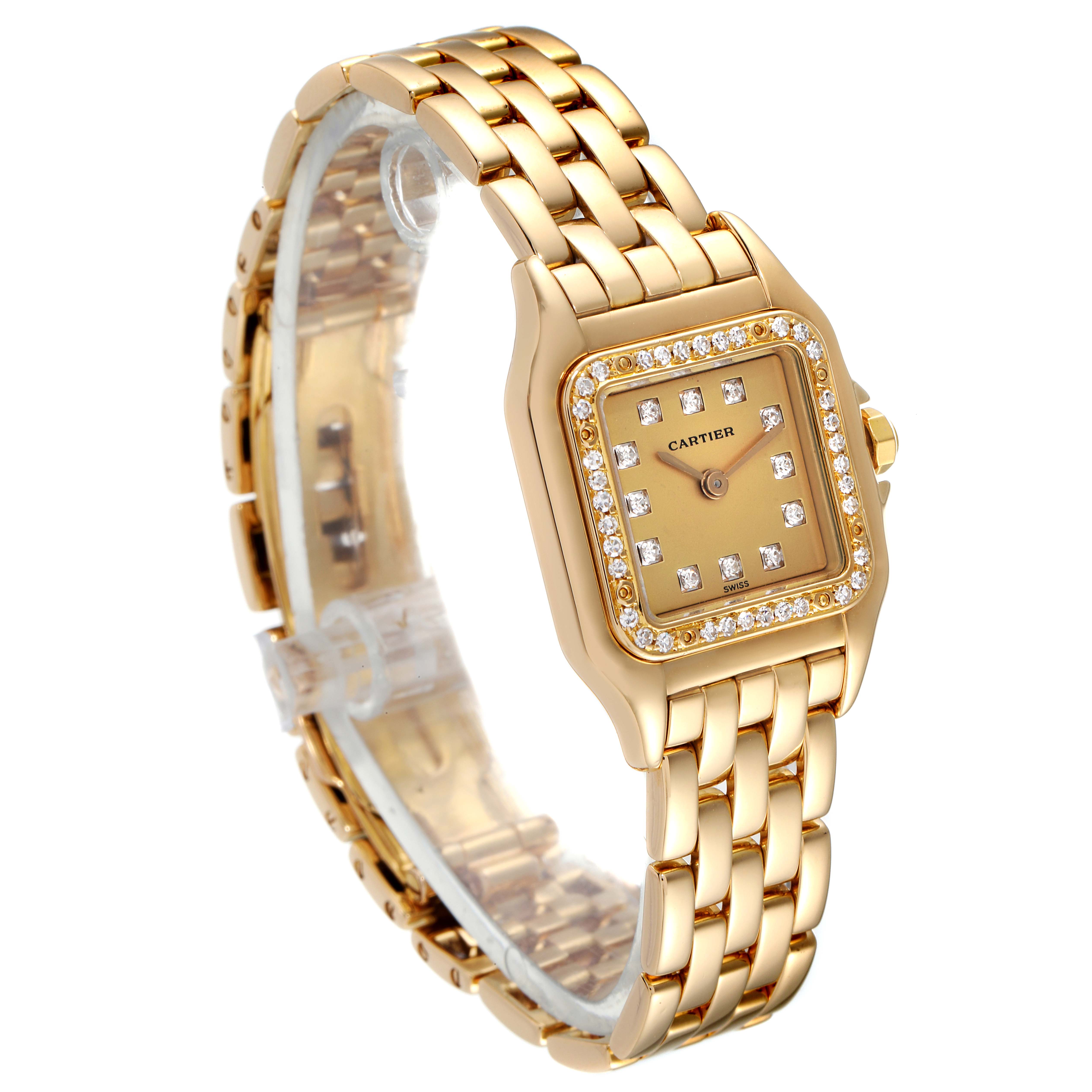 The image shows a Cartier Panthere 866911 Women's Yellow Gold Champagne Dial 866911 Women's Yellow Gold Champagne Dial model watch angled slightly from the side, displaying its gold bracelet and diamond-embellished square face.