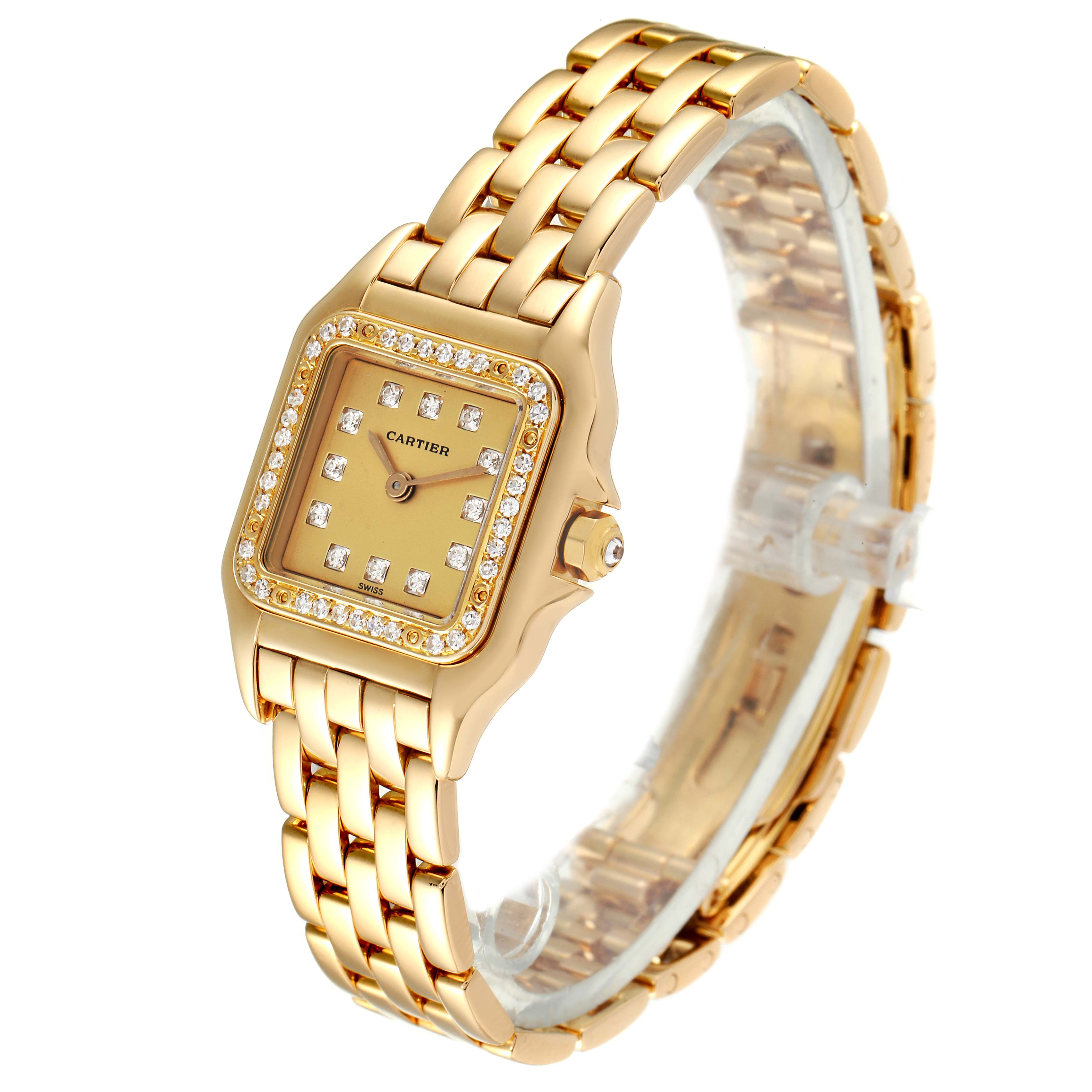 The image shows a Cartier Panthere 866911 Women's Yellow Gold Champagne Dial 866911 Women's Yellow Gold Champagne Dial watch angled from the front, highlighting its gold bracelet and diamond-studded square dial.