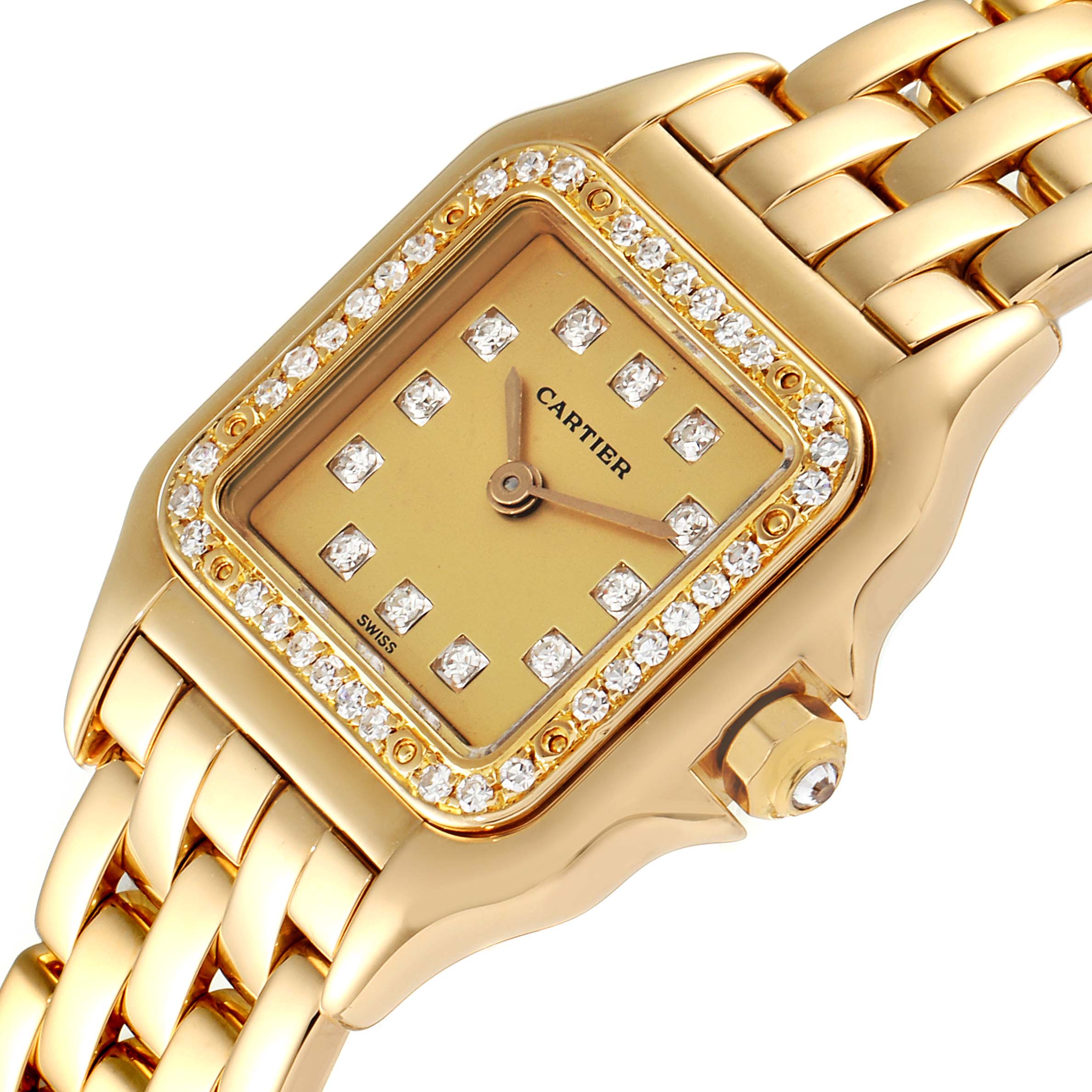 This Cartier Panthere 866911 Women's Yellow Gold Champagne Dial 866911 Women's Yellow Gold Champagne Dial model watch is shown from a top-down angle, highlighting its diamond-studded bezel and gold bracelet.