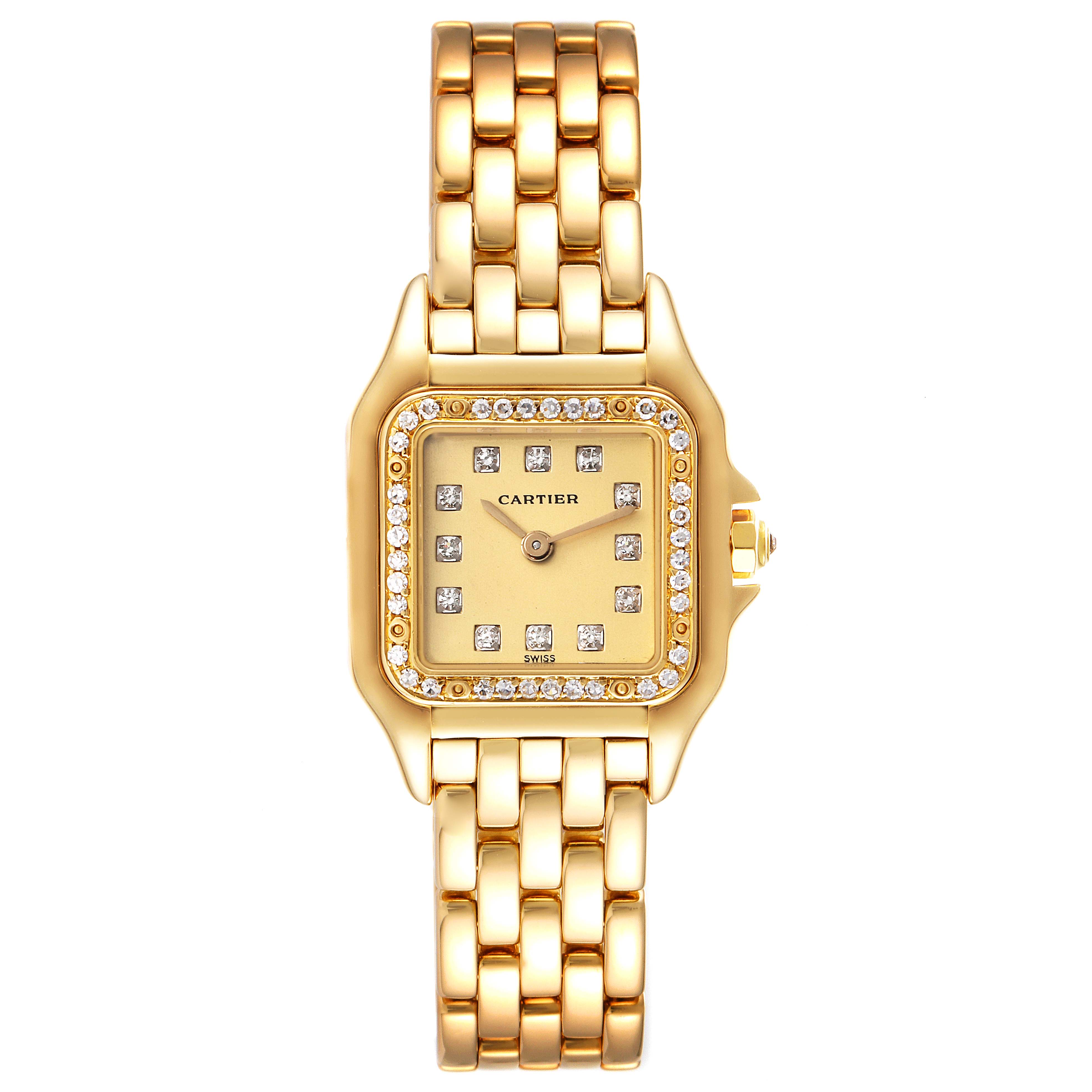 This image shows a Panthere model Cartier watch from a front angle, highlighting the face, bezel, and bracelet.