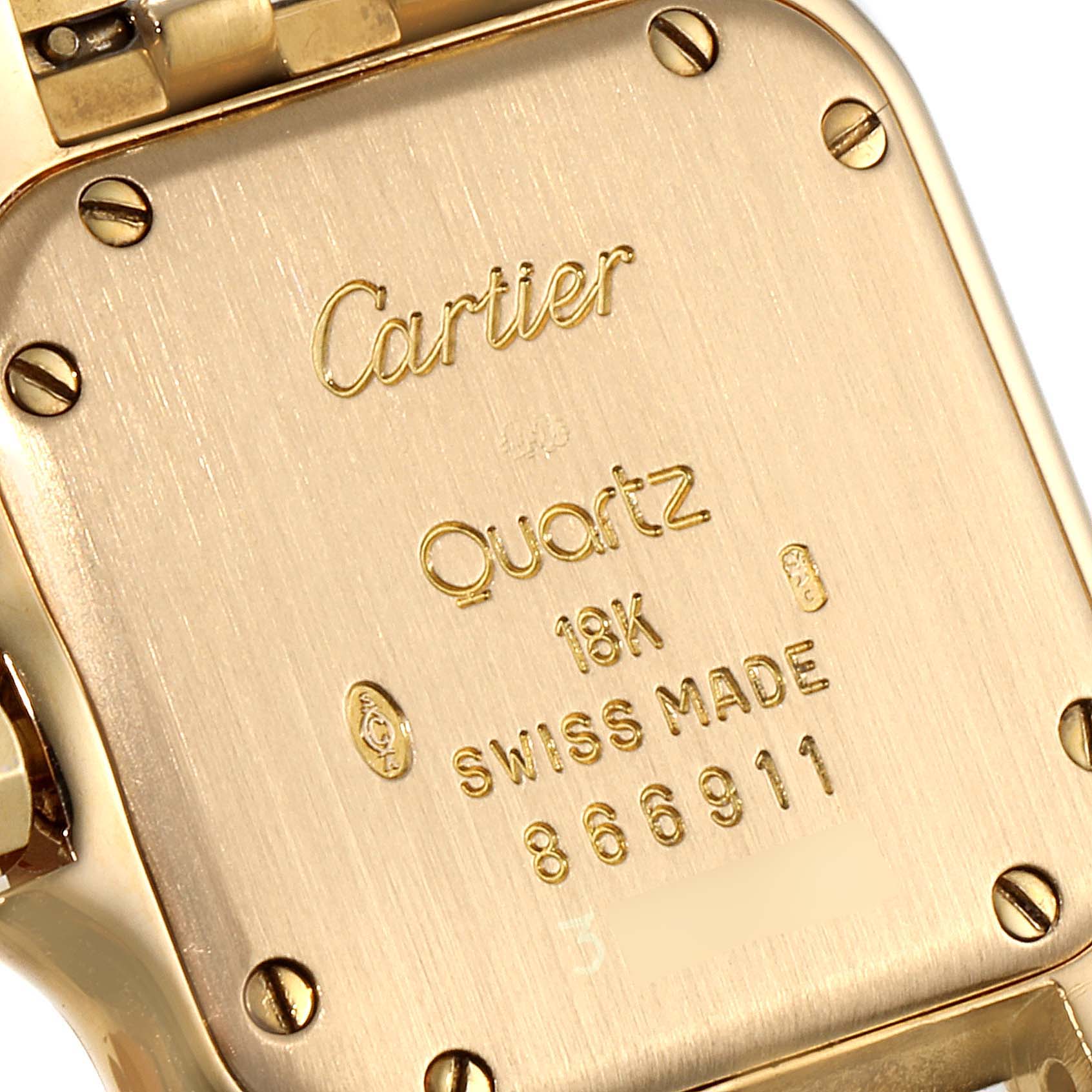 This image shows the back case of a Cartier Panthere 866911 Women's Yellow Gold Champagne Dial 866911 Women's Yellow Gold Champagne Dial watch, highlighting engravings and screws.