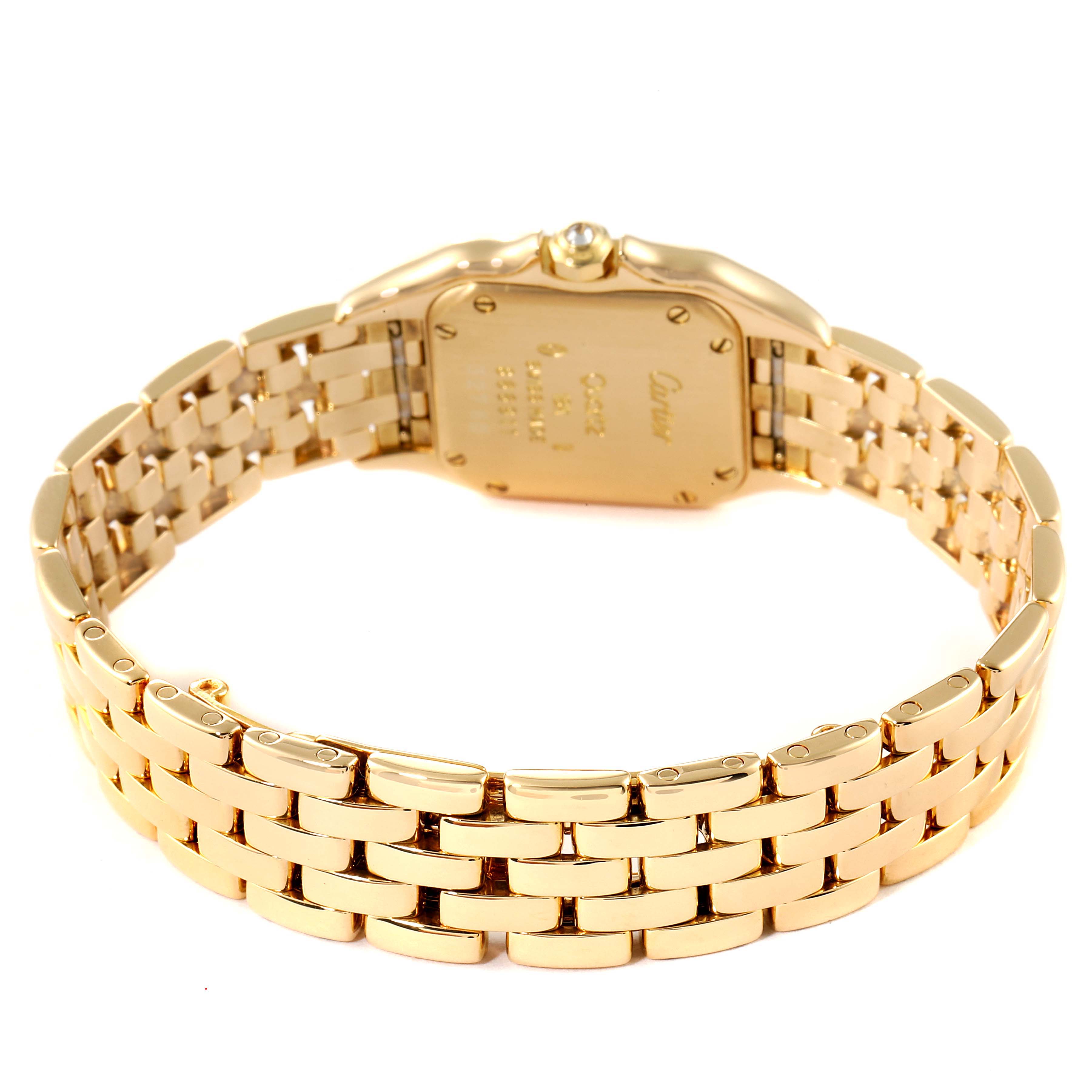 This image shows the back of the Cartier Panthere 866911 Women's Yellow Gold Champagne Dial 866911 Women's Yellow Gold Champagne Dial watch, highlighting its gold bracelet and case back.
