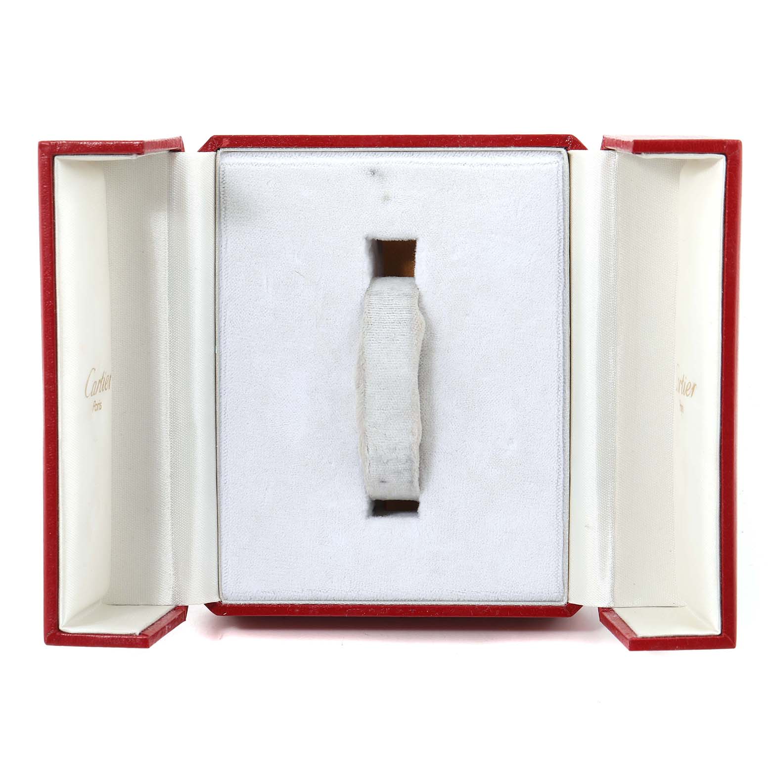 The Panthere model by Cartier is shown vertically in its open red and white presentation box.