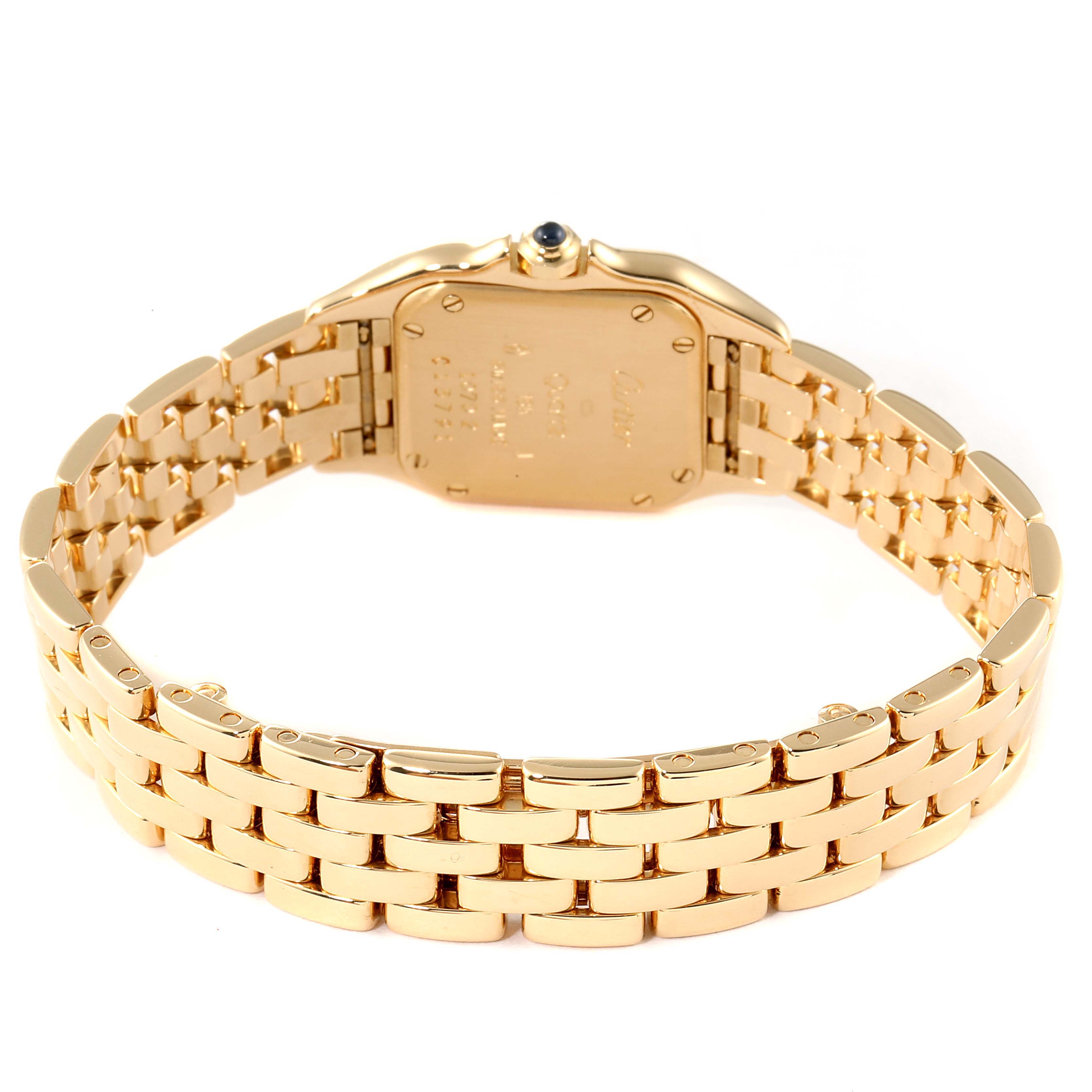 This image shows the back of the Cartier Panthere W25022B9 Women's Yellow Gold Silver Dial W25022B9 Women's Yellow Gold Silver Dial watch, highlighting its gold bracelet and case.