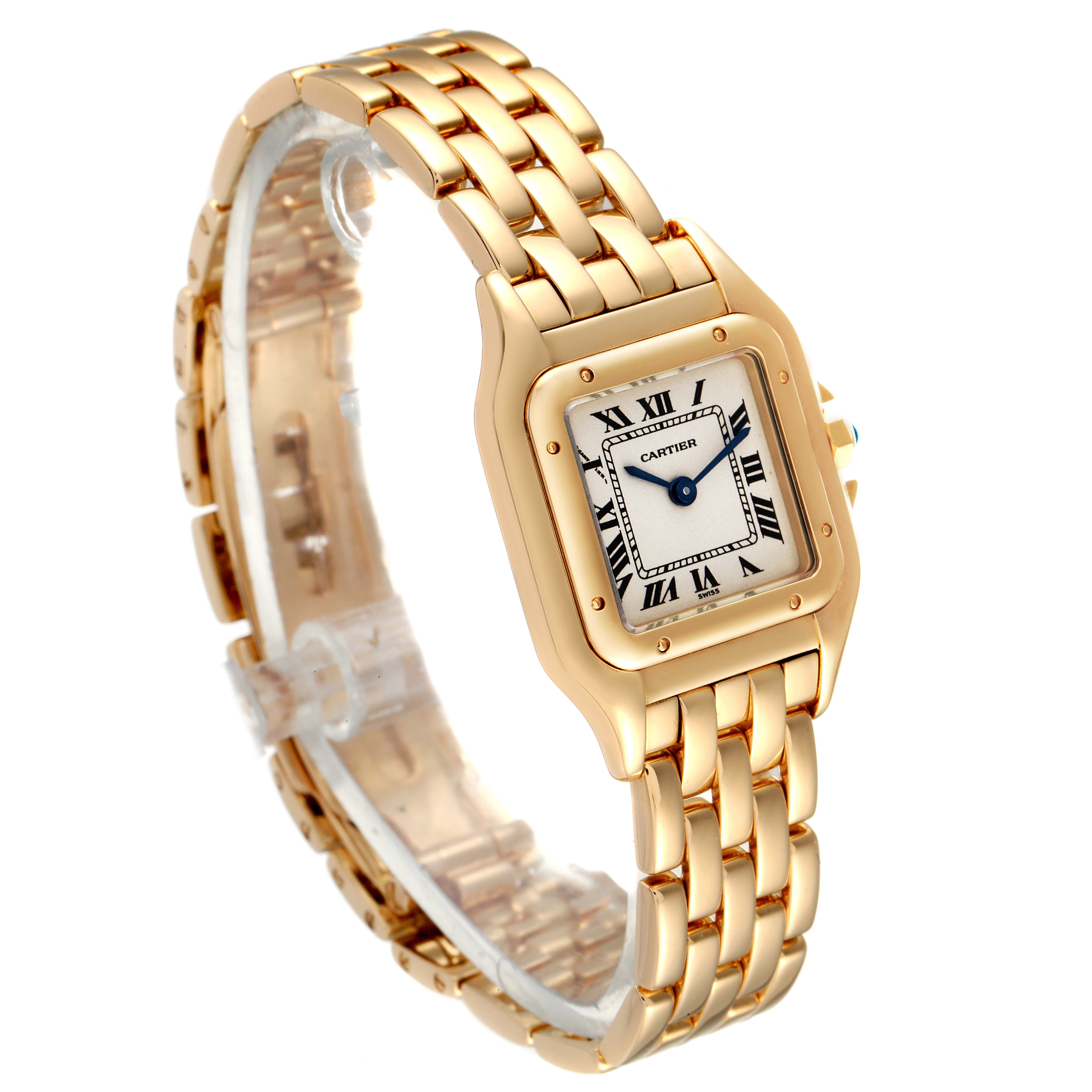 This image shows a Panthere model watch by Cartier, captured at an angled view highlighting the bracelet and face.