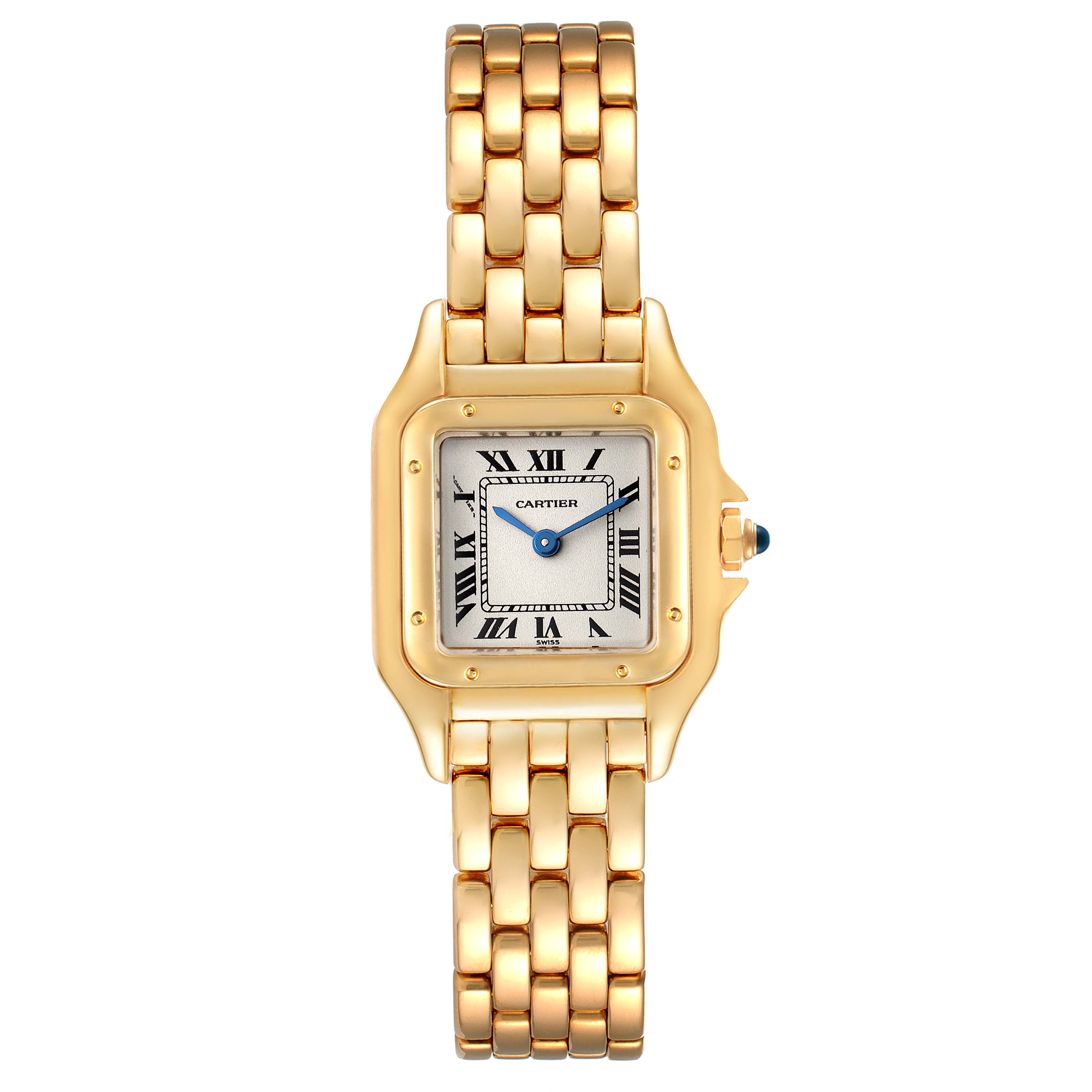 The Cartier Panthere W25022B9 Women's Yellow Gold Silver Dial W25022B9 Women's Yellow Gold Silver Dial watch is shown from a straight-on angle, displaying the face, band, and crown.