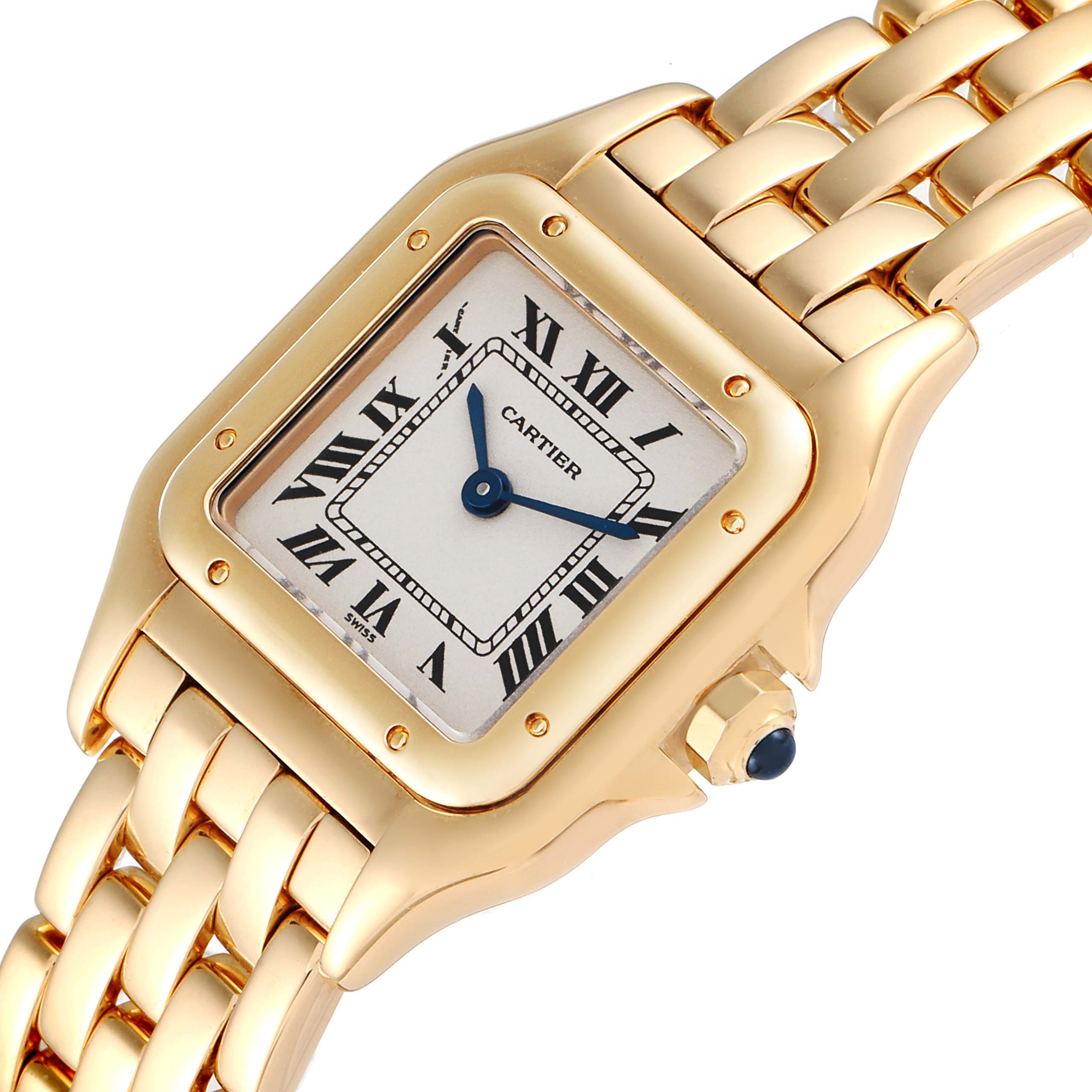 This image shows a close-up of the Cartier Panthere W25022B9 Women's Yellow Gold Silver Dial W25022B9 Women's Yellow Gold Silver Dial model watch, focusing on the face, bezel, and part of the bracelet.