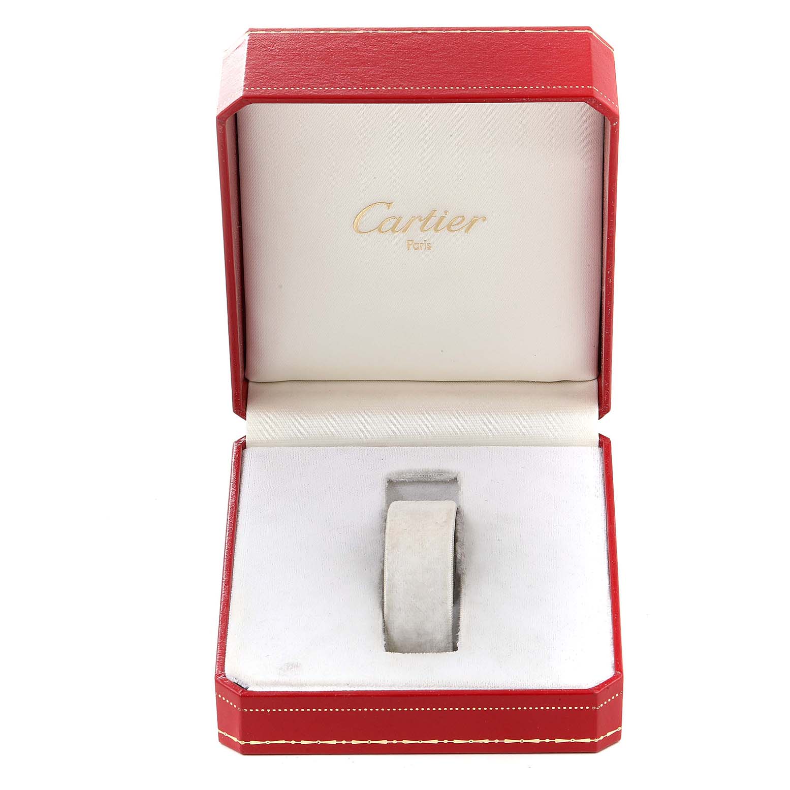 The image shows an open Cartier watch box for a Panthere model, with the interior visible but the watch missing.