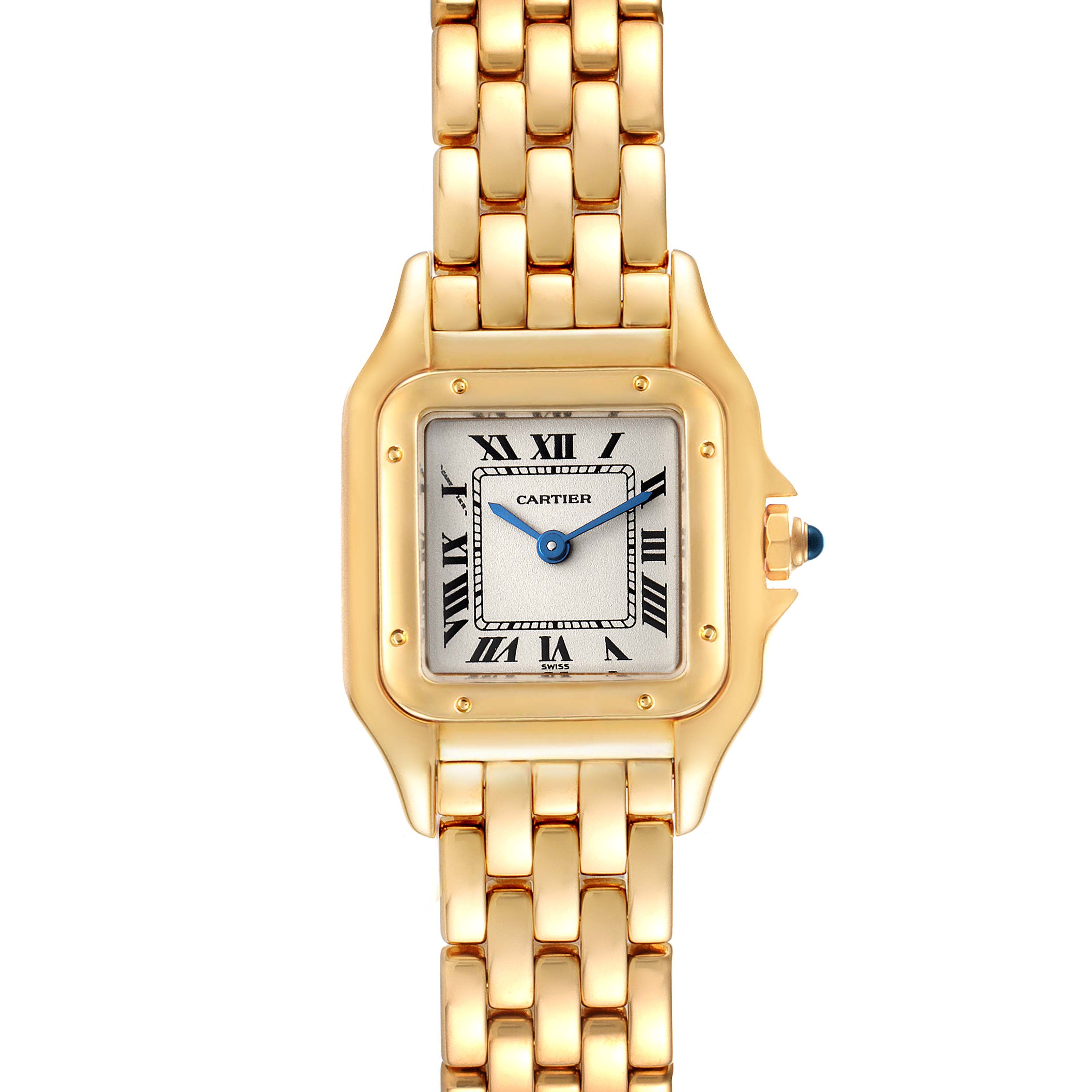 The image shows a frontal view of the Cartier Panthere W25022B9 Women's Yellow Gold Silver Dial W25022B9 Women's Yellow Gold Silver Dial watch with a gold bracelet and a rectangular face featuring Roman numerals.
