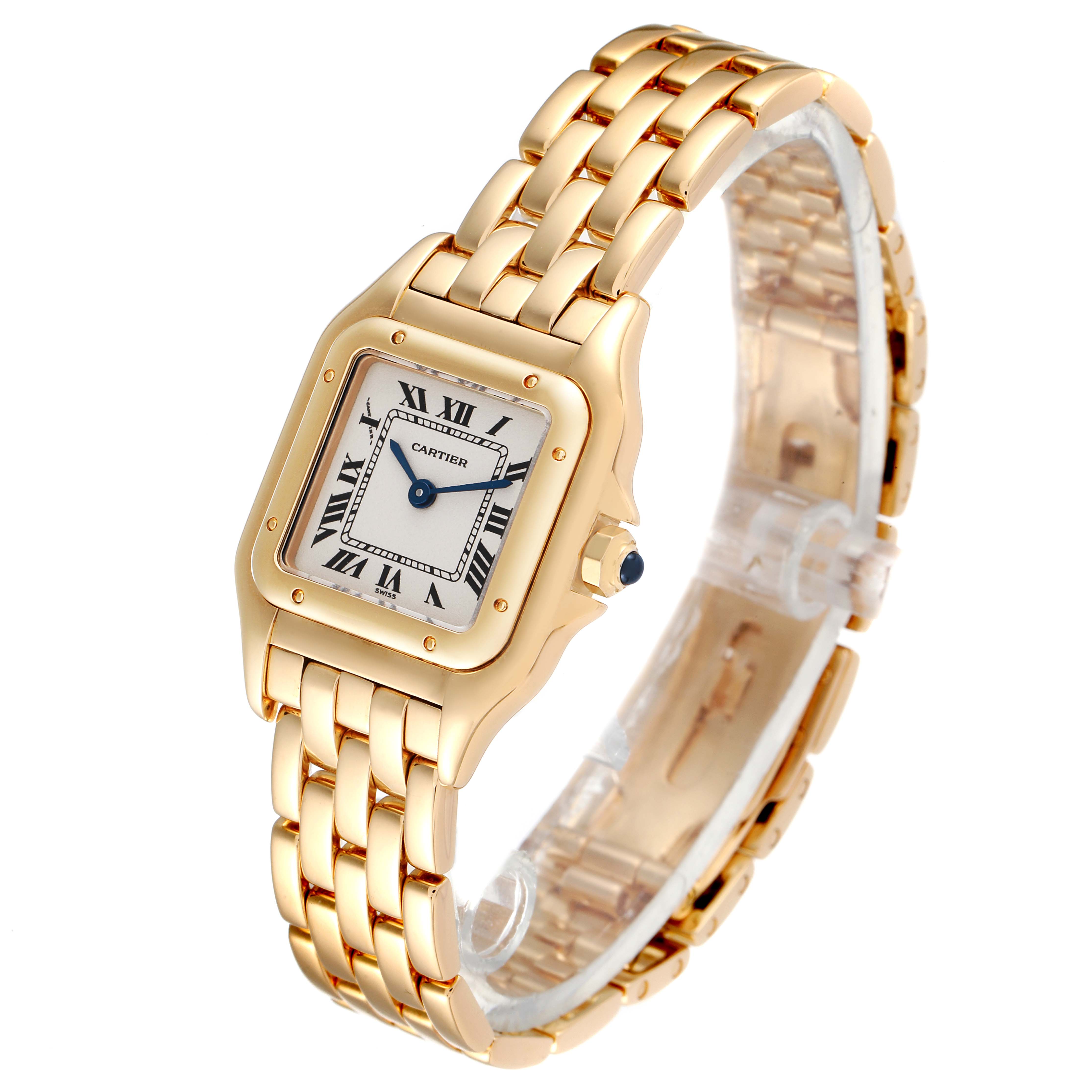 The Cartier Panthere W25022B9 Women's Yellow Gold Silver Dial W25022B9 Women's Yellow Gold Silver Dial watch is shown at a slight angle, highlighting its gold bracelet, square face, and Roman numerals.