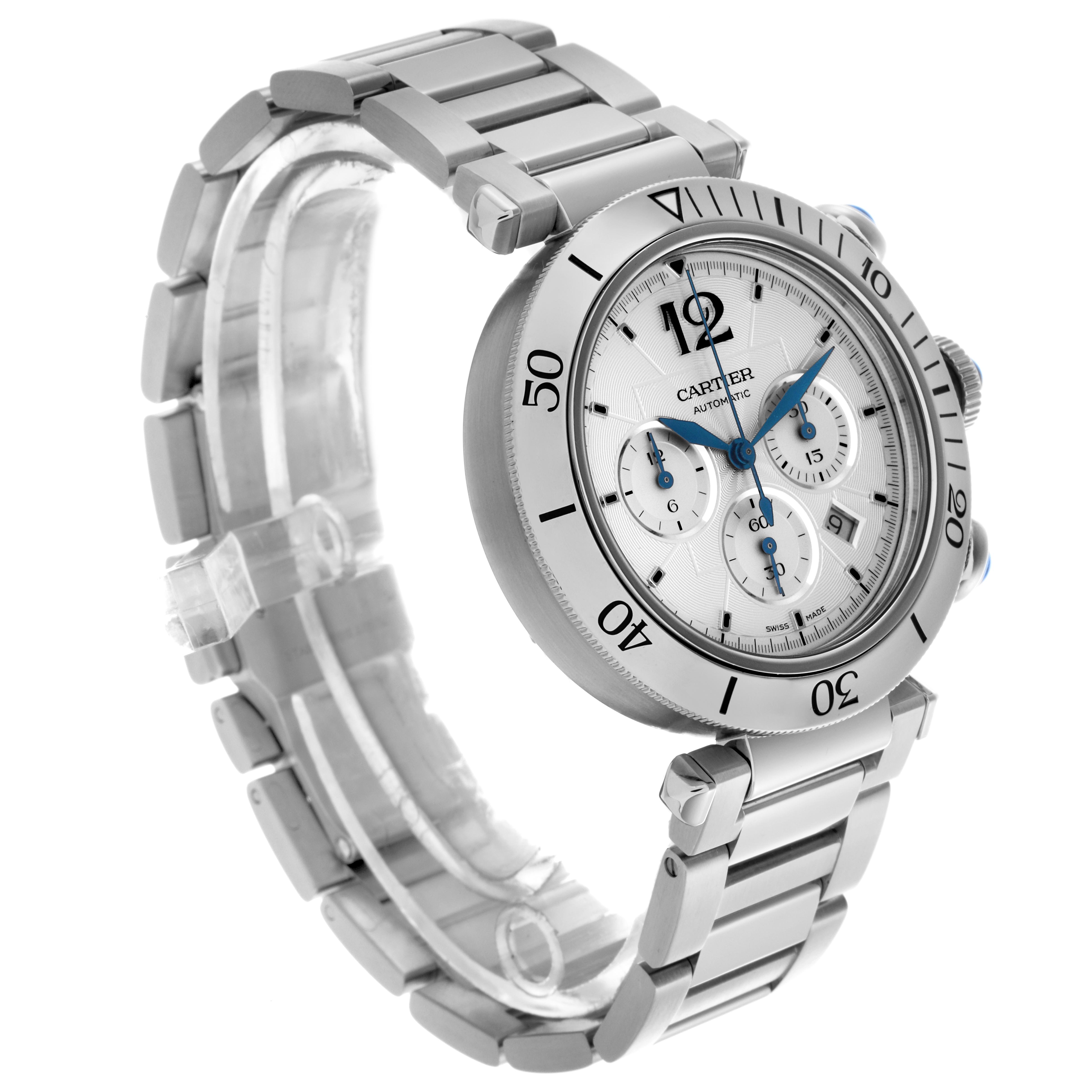 The Cartier Pasha WSPA0018 Men's Stainless Steel Silver Dial WSPA0018 Men's Stainless Steel Silver Dial watch is shown at a three-quarter angle, highlighting the face, bezel, and metal bracelet.
