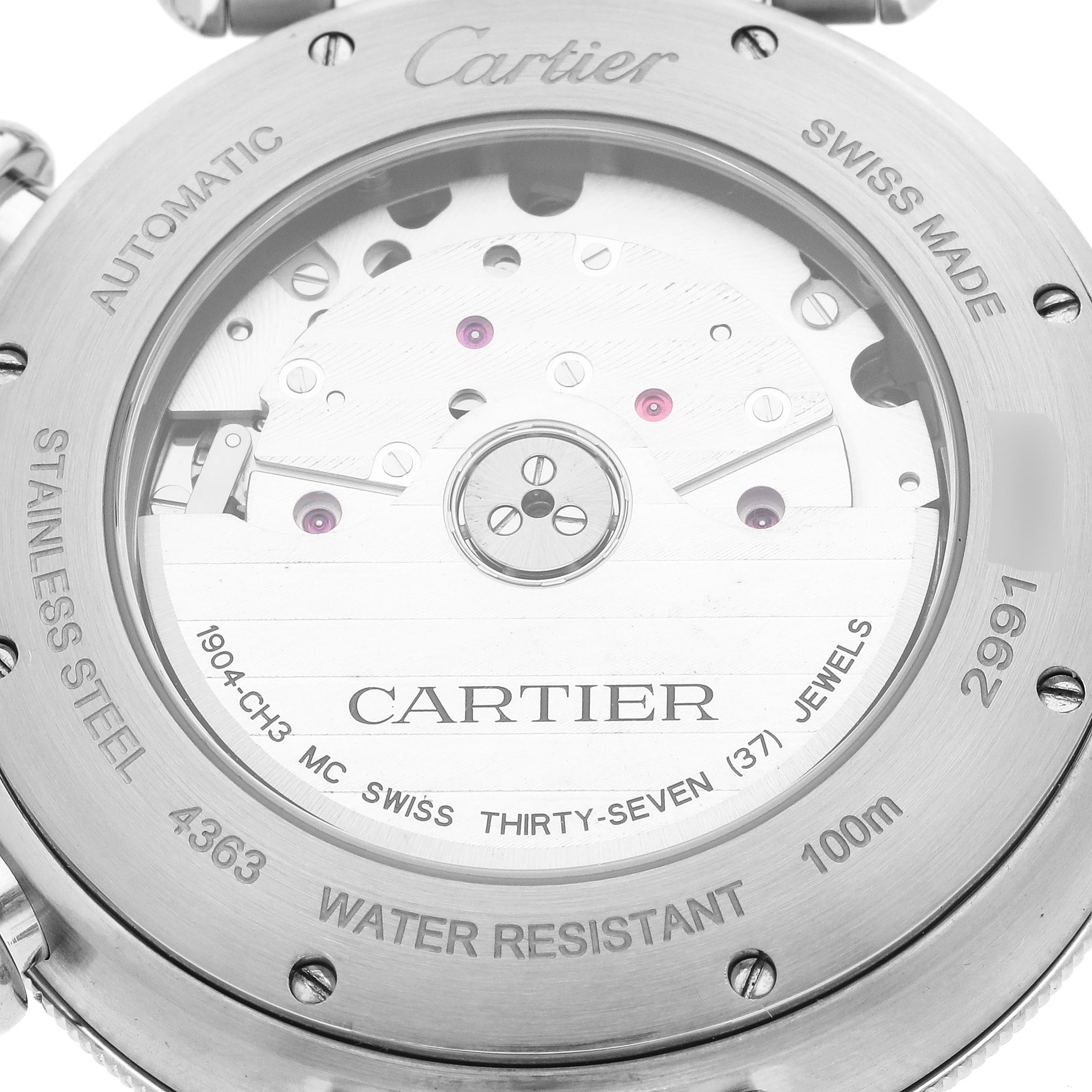 The image shows the back of a Cartier Pasha WSPA0018 Men's Stainless Steel Silver Dial WSPA0018 Men's Stainless Steel Silver Dial model, detailing its automatic movement and features engraved specs.