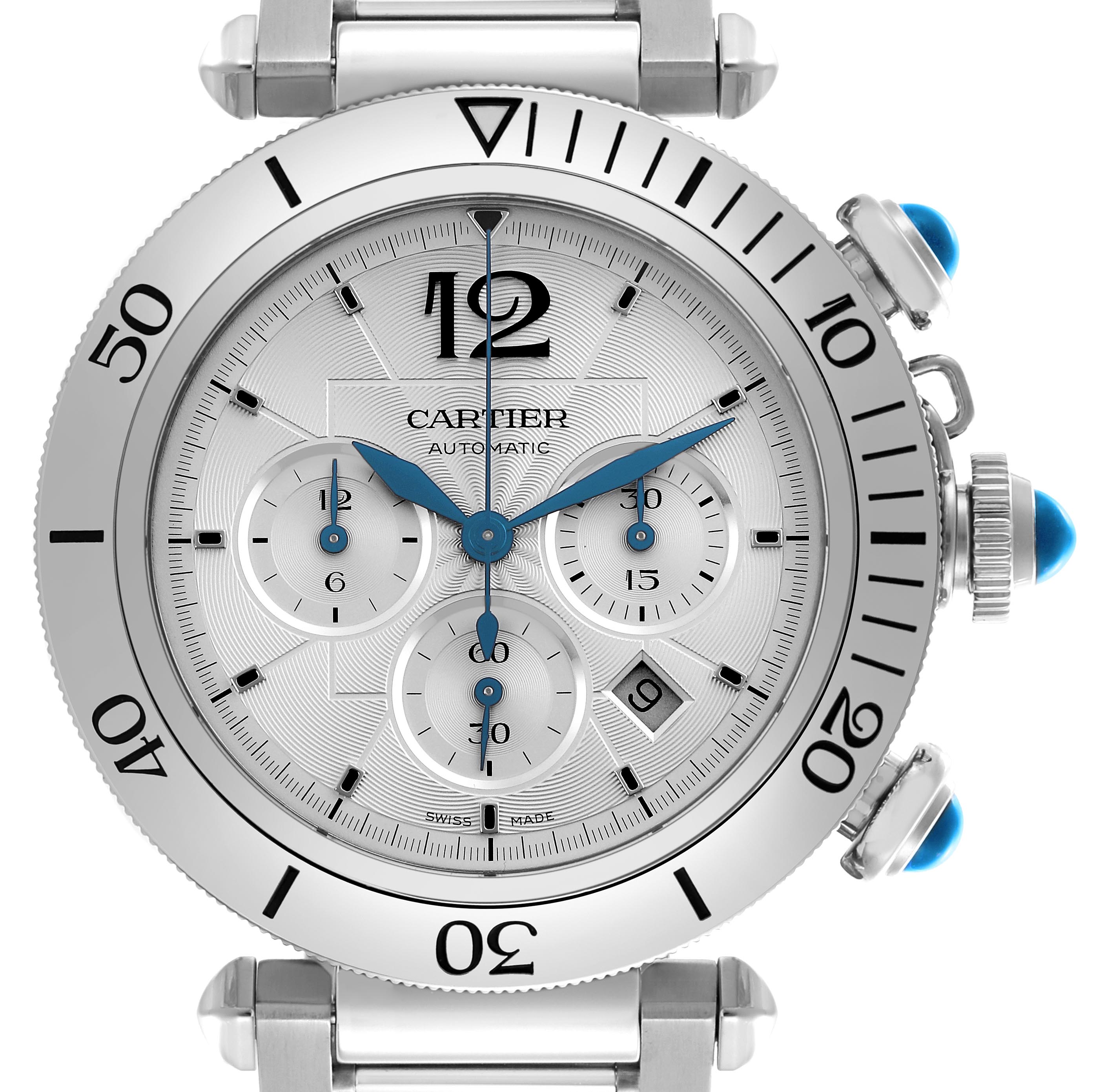 The Cartier Pasha WSPA0018 Men's Stainless Steel Silver Dial WSPA0018 Men's Stainless Steel Silver Dial watch is shown from a front angle, highlighting the face, bezel, and blue-accented crown and pushers.