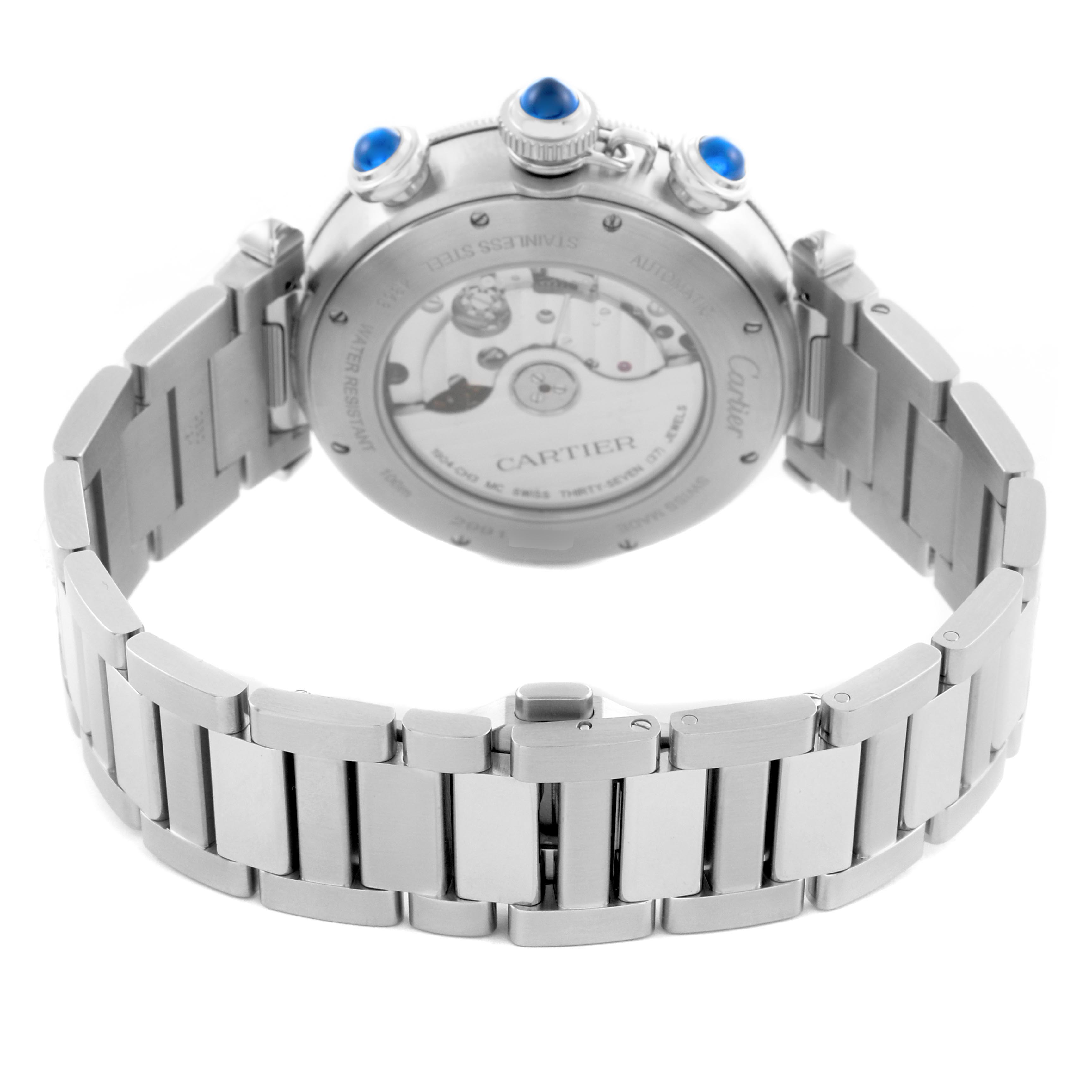 The Cartier Pasha WSPA0018 Men's Stainless Steel Silver Dial WSPA0018 Men's Stainless Steel Silver Dial watch is shown from the back, highlighting the case back, bracelet, and crown details.