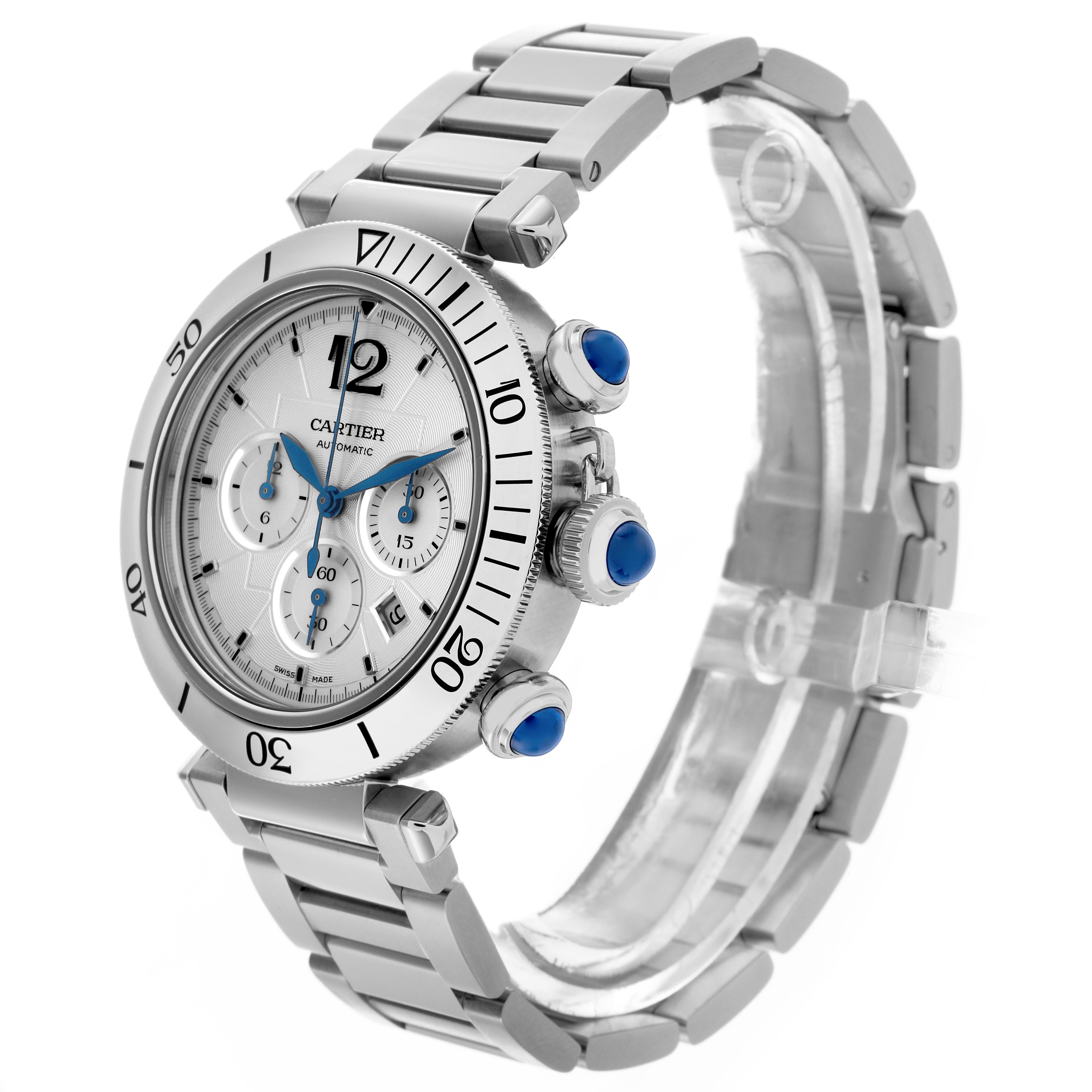 The image shows a Cartier Pasha WSPA0018 Men's Stainless Steel Silver Dial WSPA0018 Men's Stainless Steel Silver Dial watch at a three-quarter angle, highlighting the face, bezel, crown, and part of the bracelet.