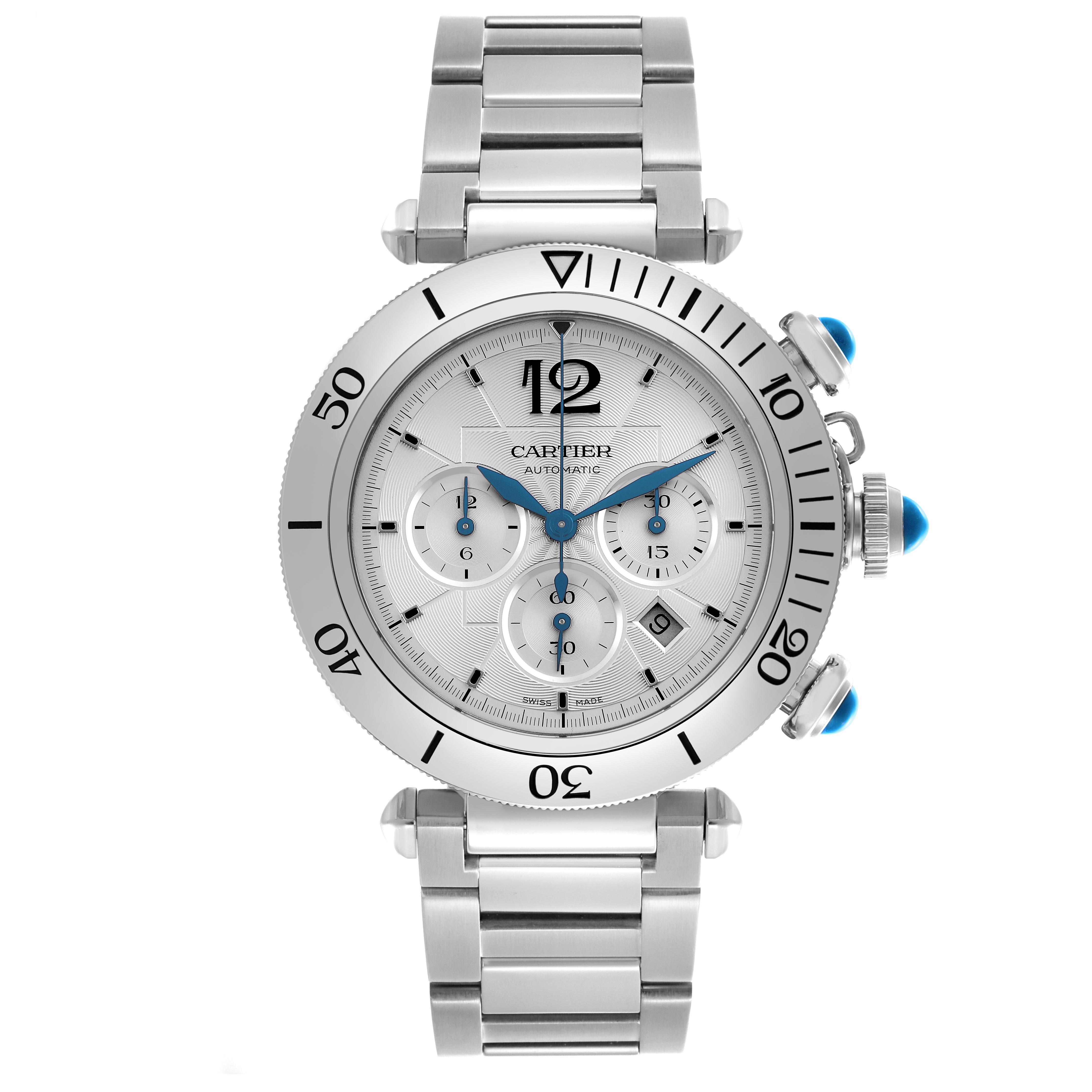 The Cartier Pasha WSPA0018 Men's Stainless Steel Silver Dial WSPA0018 Men's Stainless Steel Silver Dial watch is shown from the front, displaying the dial, bezel, crown, pushers, and bracelet.