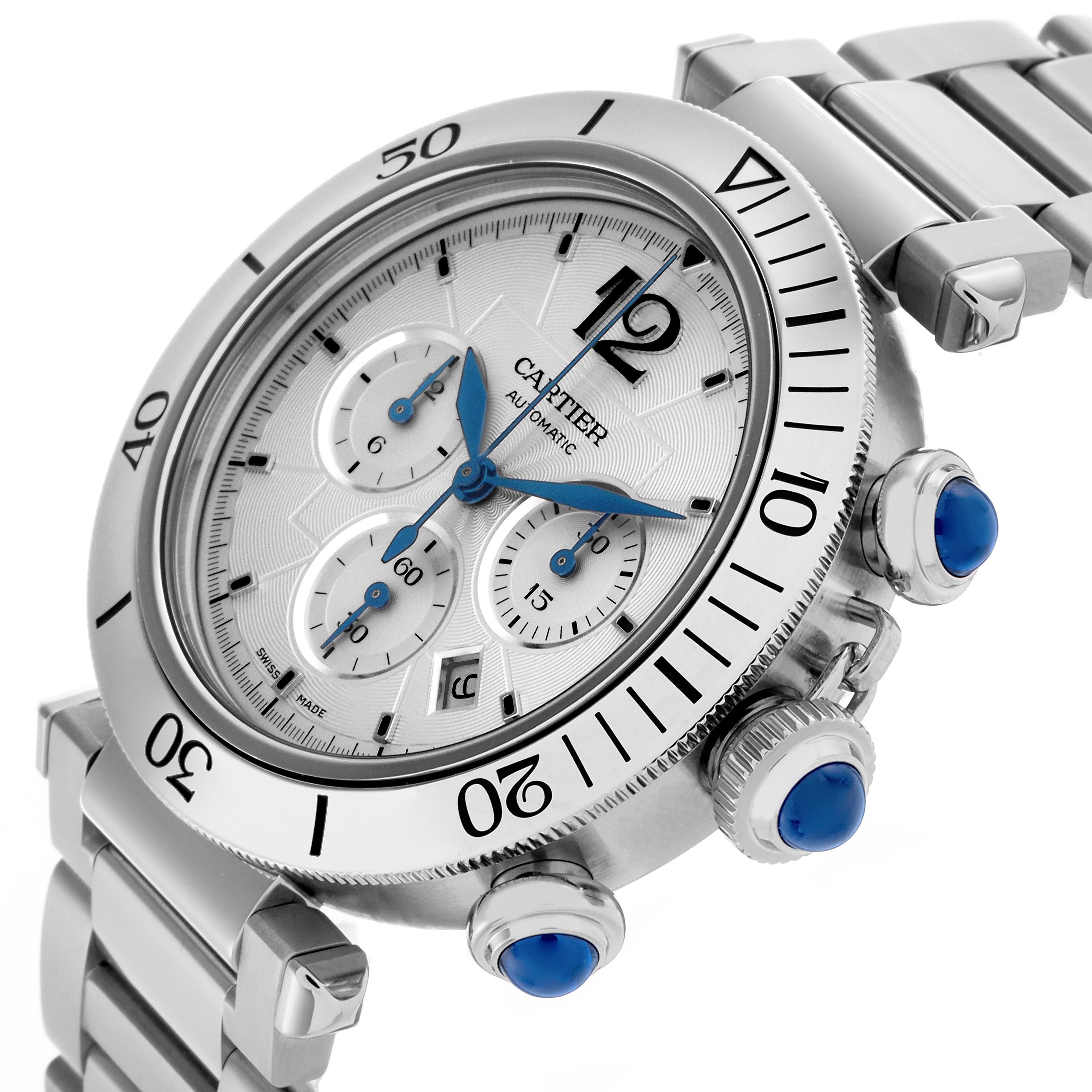 The Cartier Pasha WSPA0018 Men's Stainless Steel Silver Dial WSPA0018 Men's Stainless Steel Silver Dial watch is shown at an angled view, displaying the bezel, dial, chronograph subdials, crown, and bracelet.